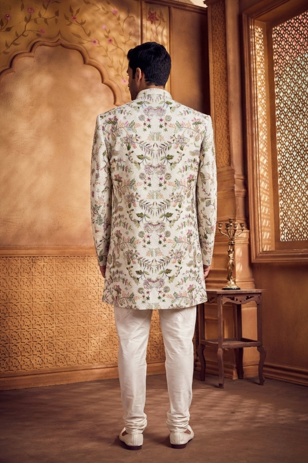 Cream Silk Indo Western With Sequins And Resham Embroidery