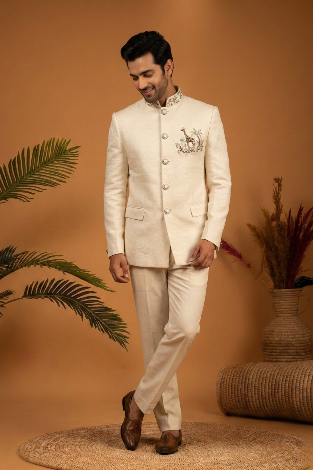 Cream Silk Jodhpuri Set With Cutdana And Moti Work