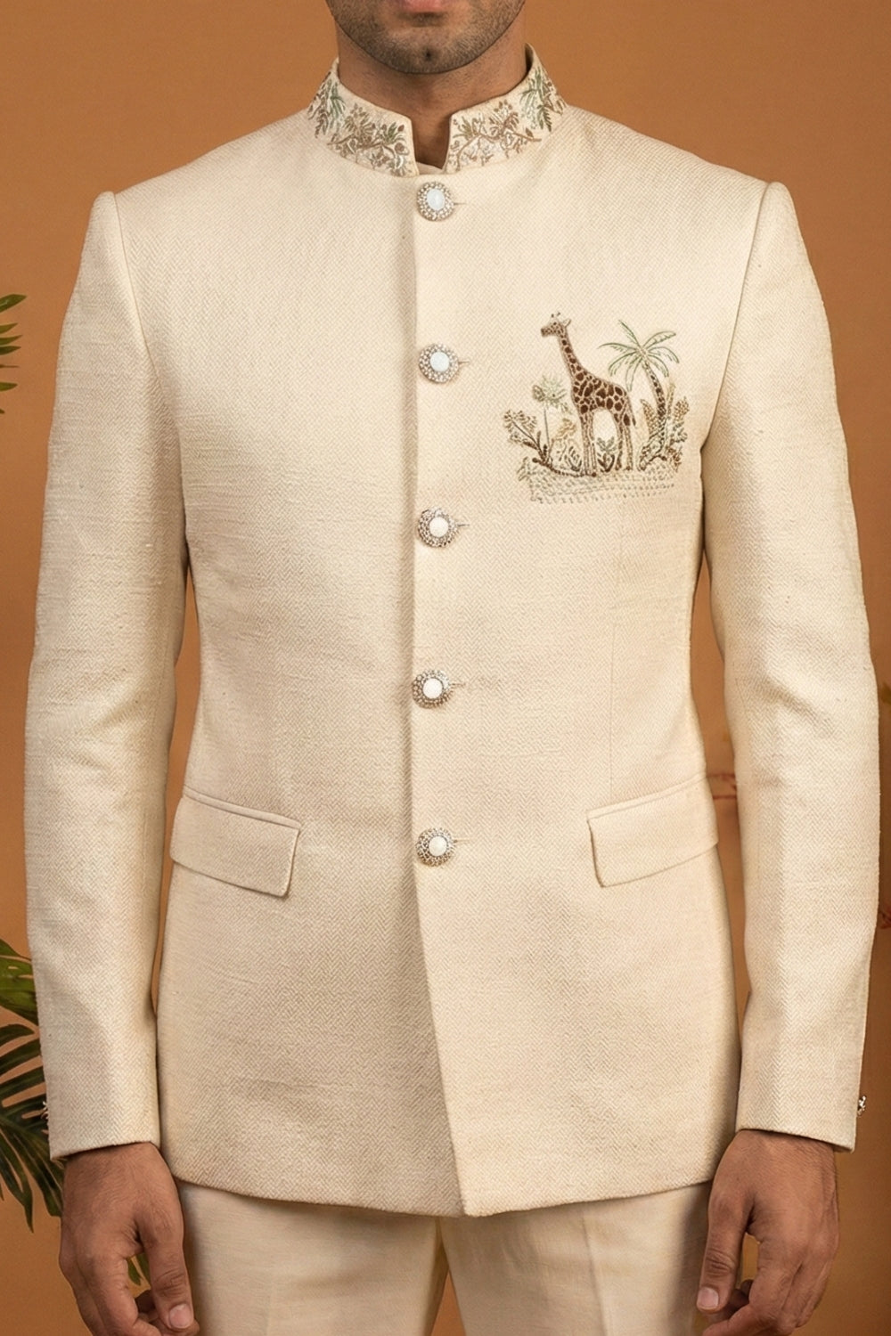 Cream Silk Jodhpuri Set With Cutdana And Moti Work