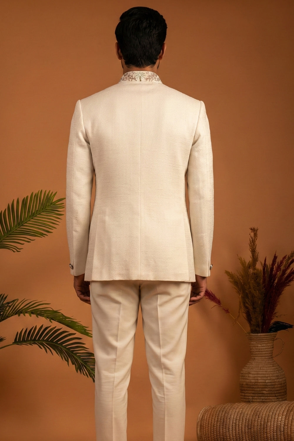 Cream Silk Jodhpuri Set With Cutdana And Moti Work