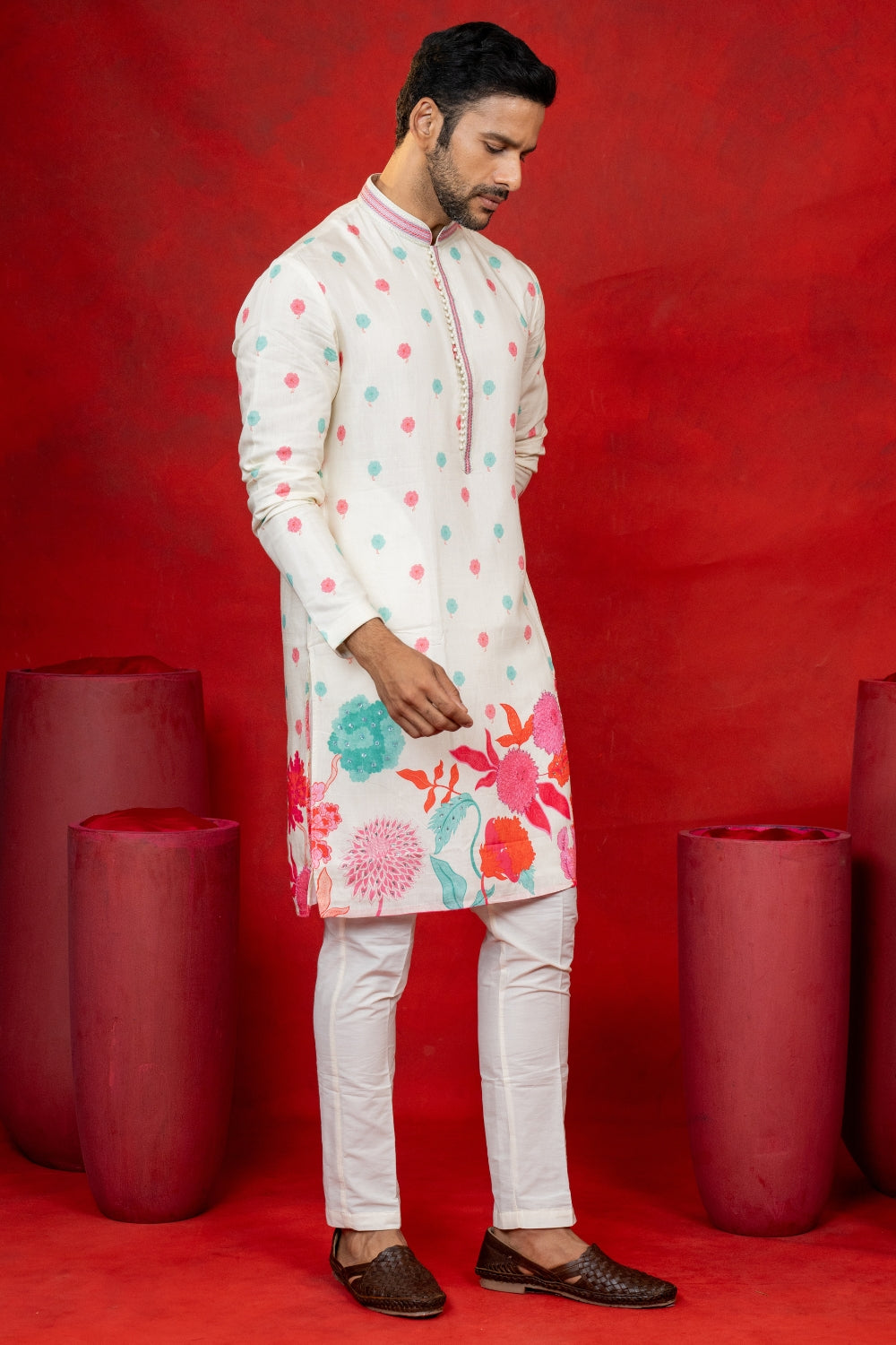 Cream Silk Printed Kurta Set With Cutdana And Stone Work