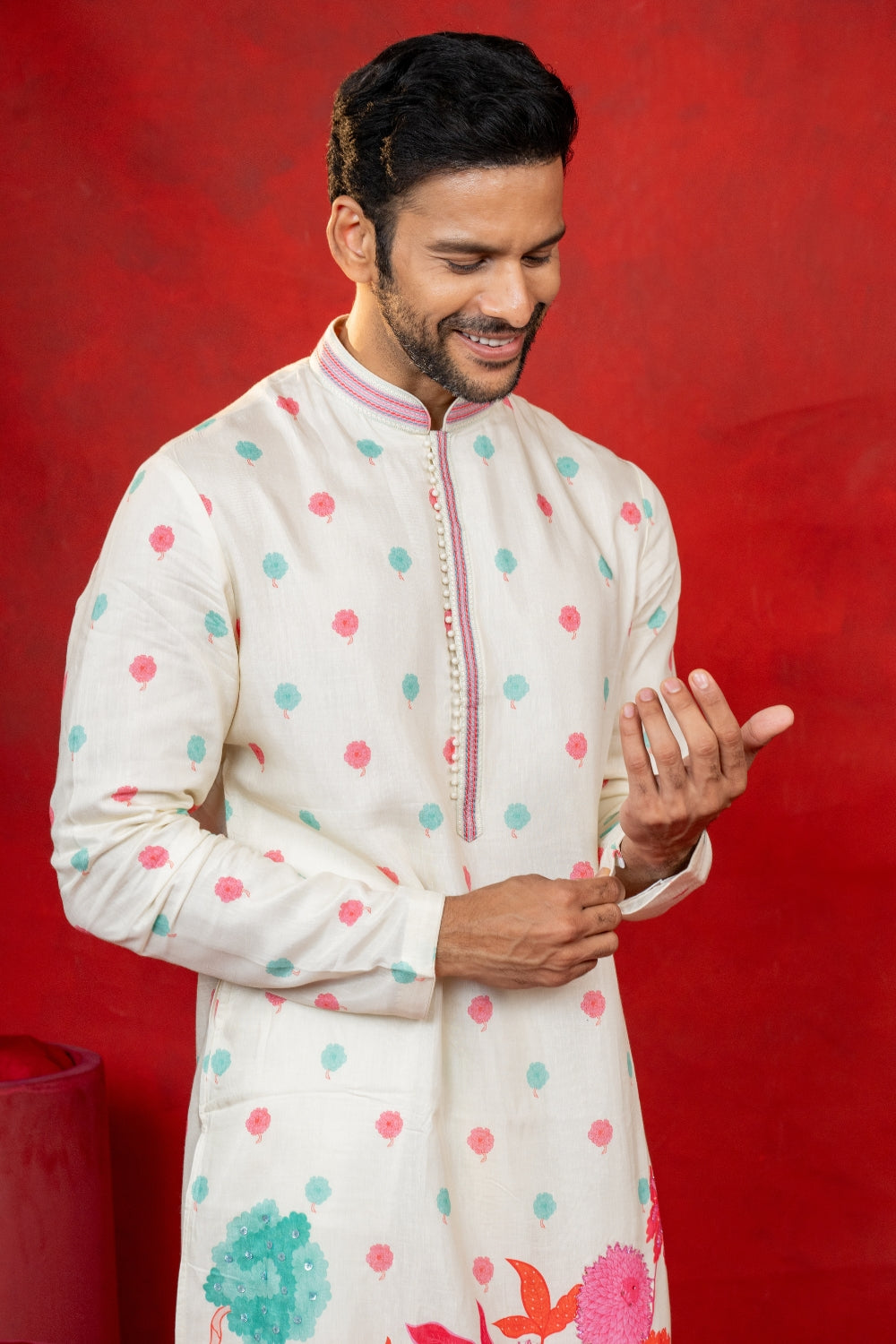 Cream Silk Printed Kurta Set With Cutdana And Stone Work