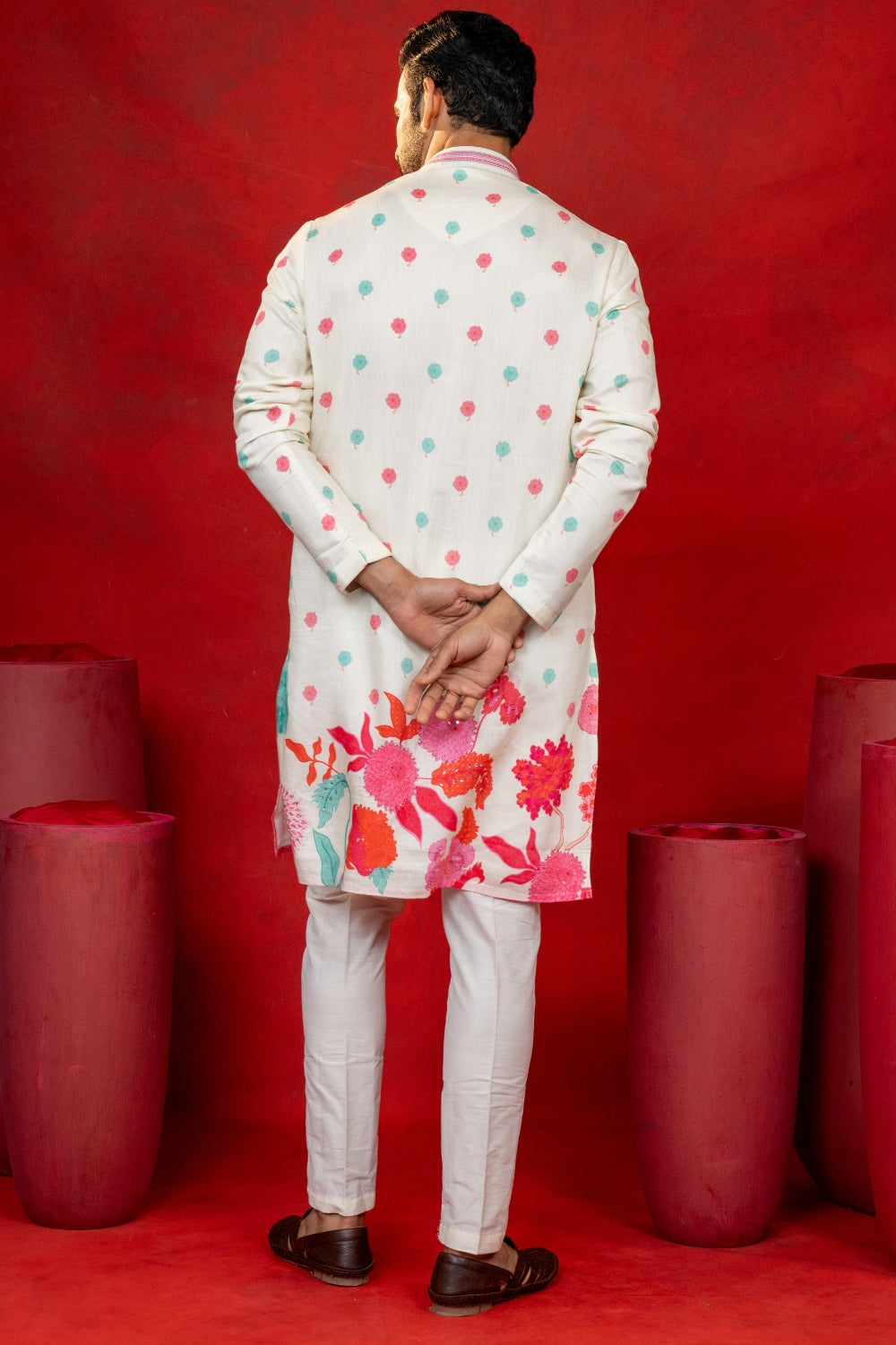 Cream Silk Printed Kurta Set With Cutdana And Stone Work