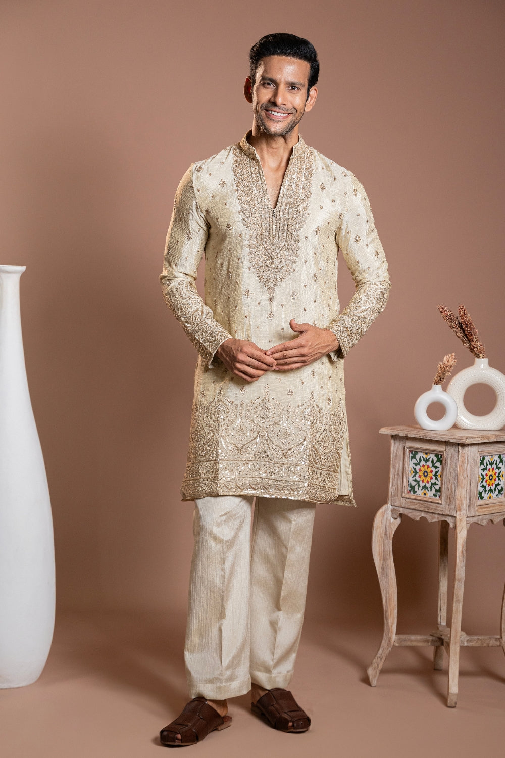 Cream Tissue Kurta Set With Sequins And Thread Work