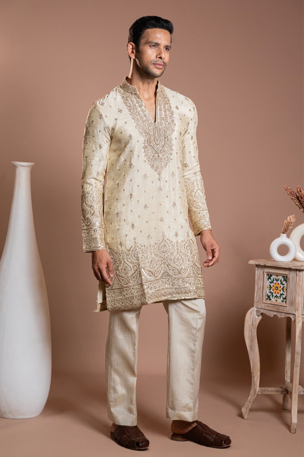 Cream Tissue Kurta Set With Sequins And Thread Work