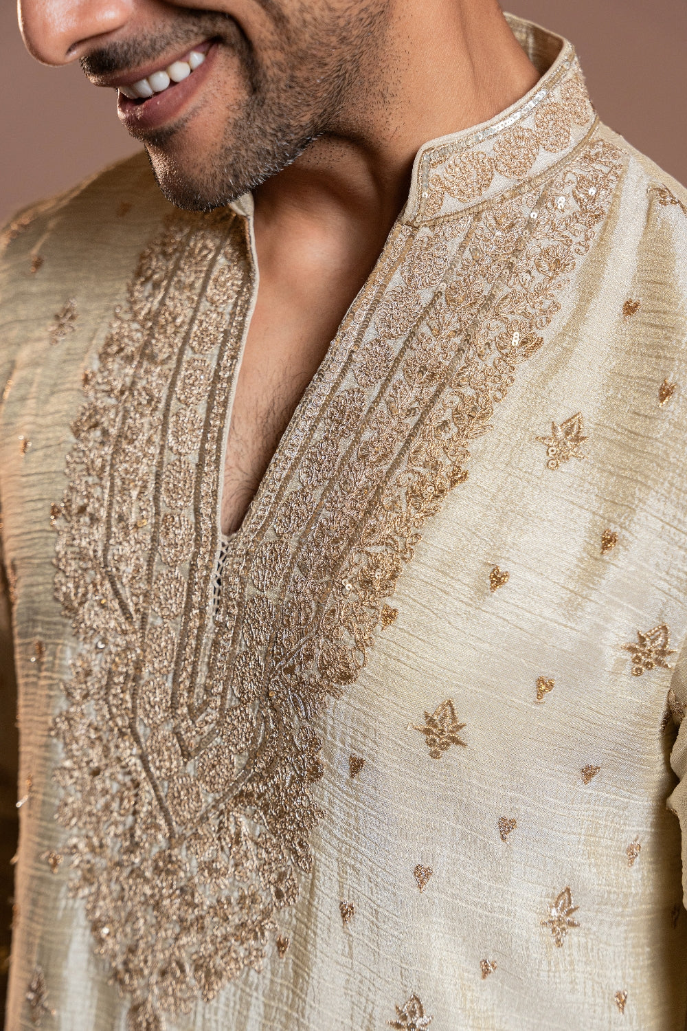 Cream Tissue Kurta Set With Sequins And Thread Work