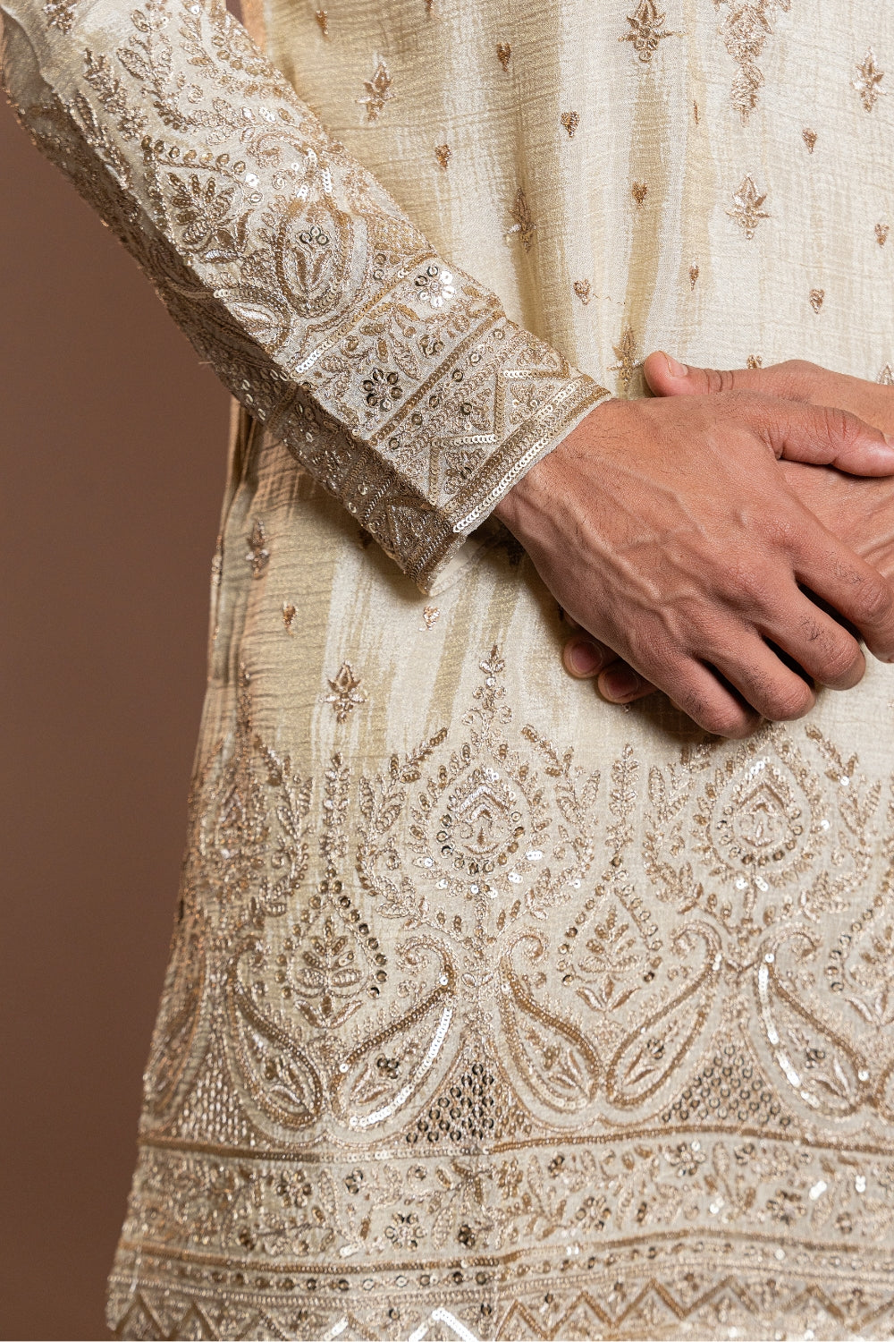 Cream Tissue Kurta Set With Sequins And Thread Work