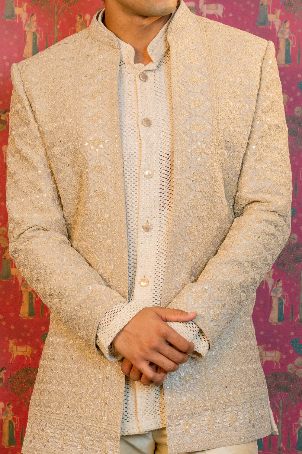 Cream Indo Western With Sequins And Embroidery Work