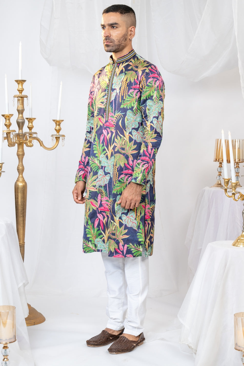 Dark Blue Crepe Silk Printed Kurta Set With Moti Work