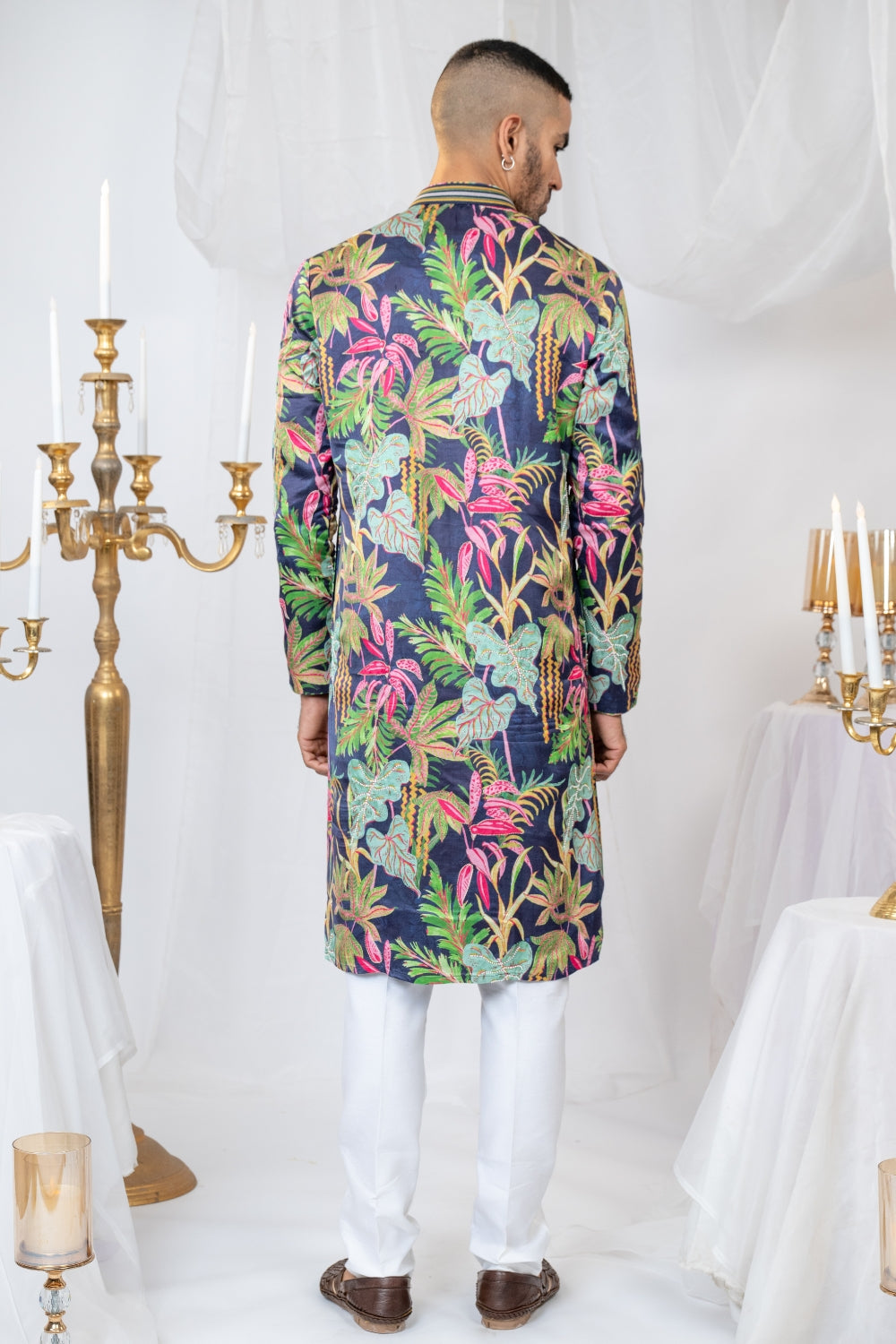 Dark Blue Crepe Silk Printed Kurta Set With Moti Work