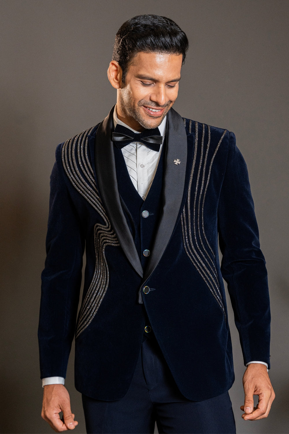 Dark Blue Five Piece Velvet Tuxedo With Stone Work