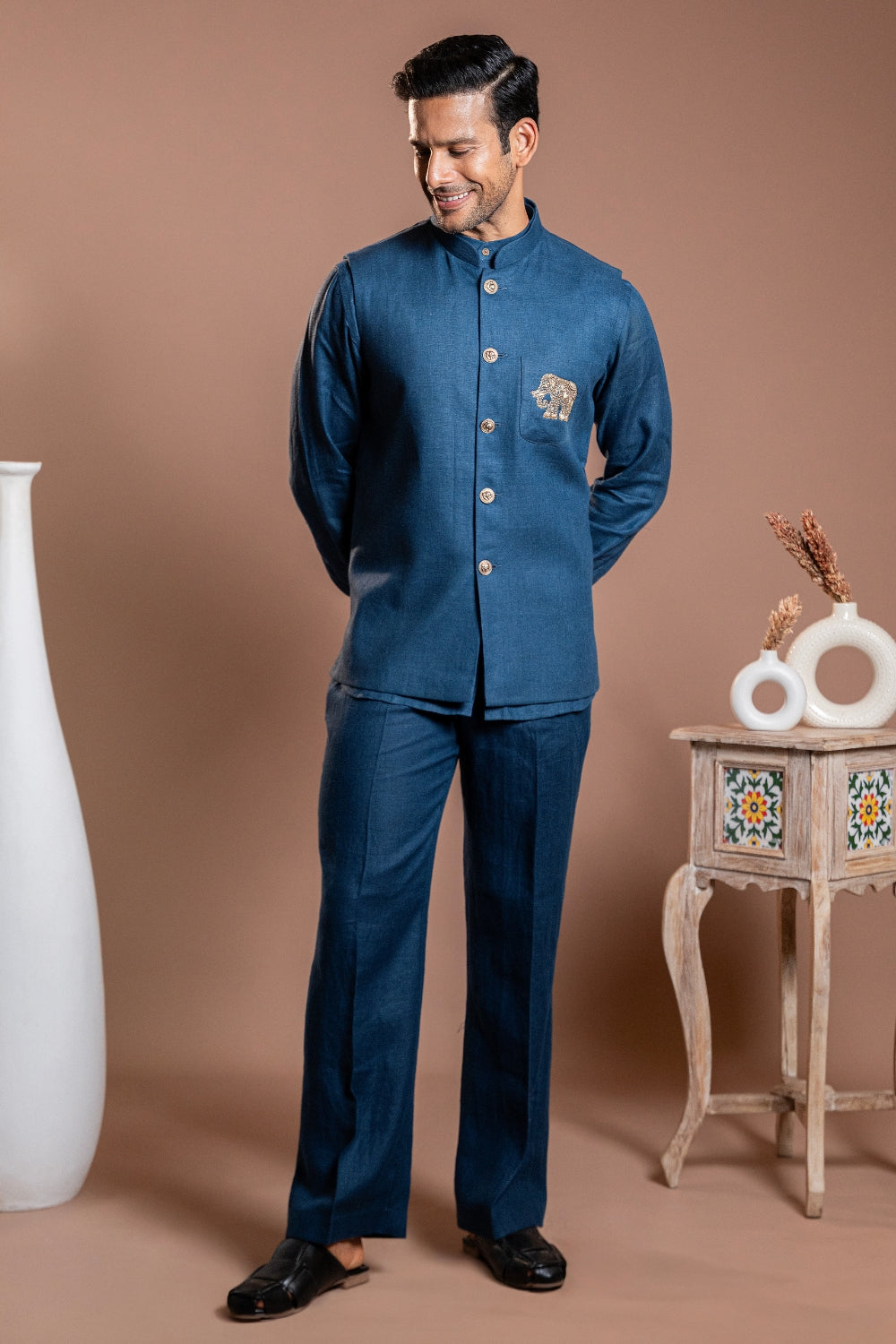 Dark Blue Linen Koti Set With Sequins And Zardosi Work