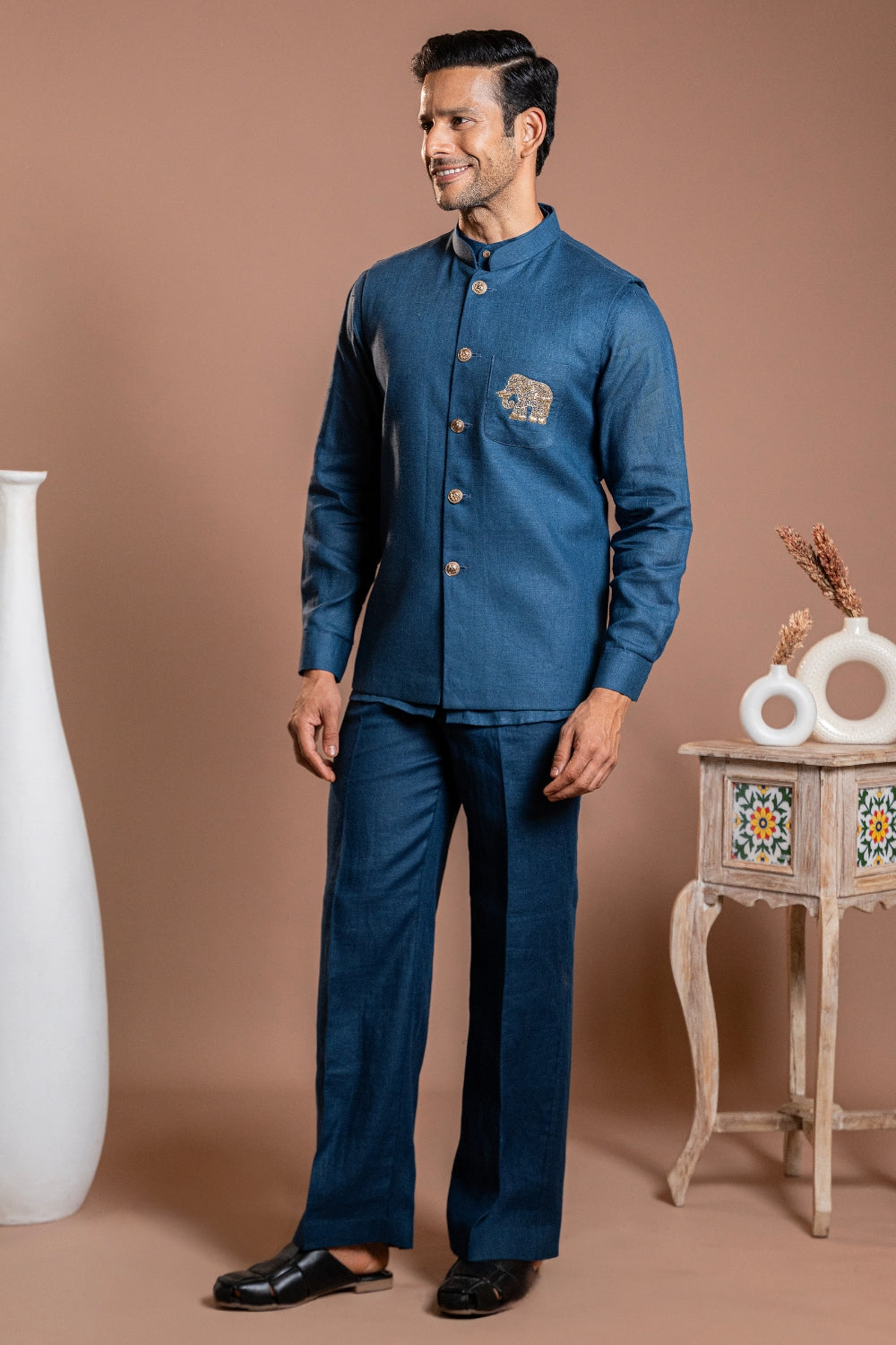 Dark Blue Linen Koti Set With Sequins And Zardosi Work