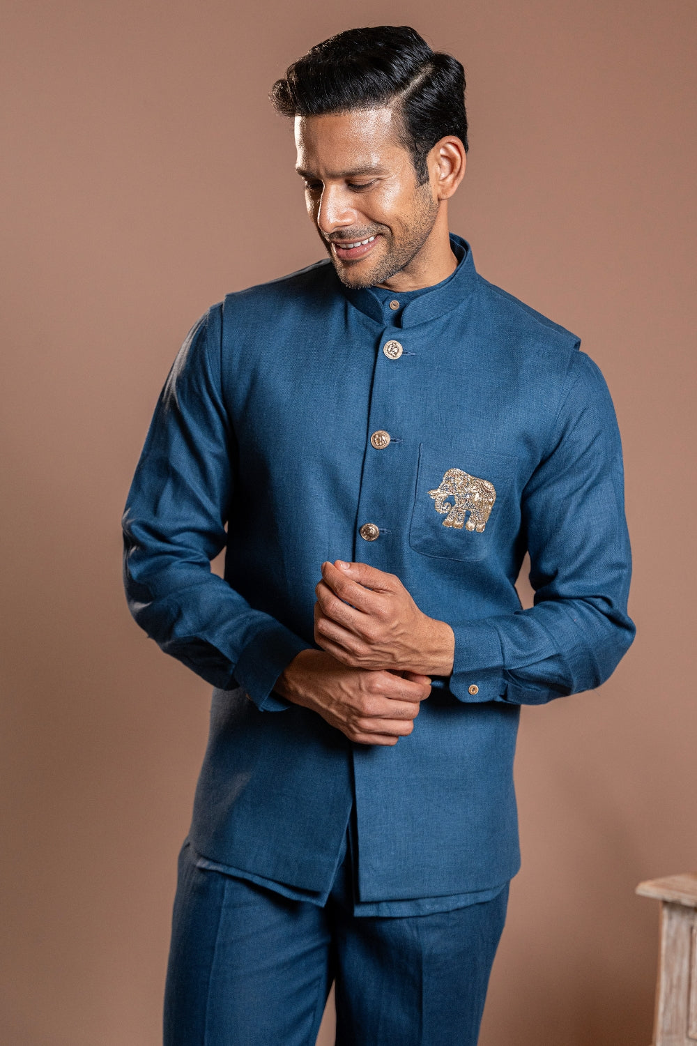 Dark Blue Linen Koti Set With Sequins And Zardosi Work