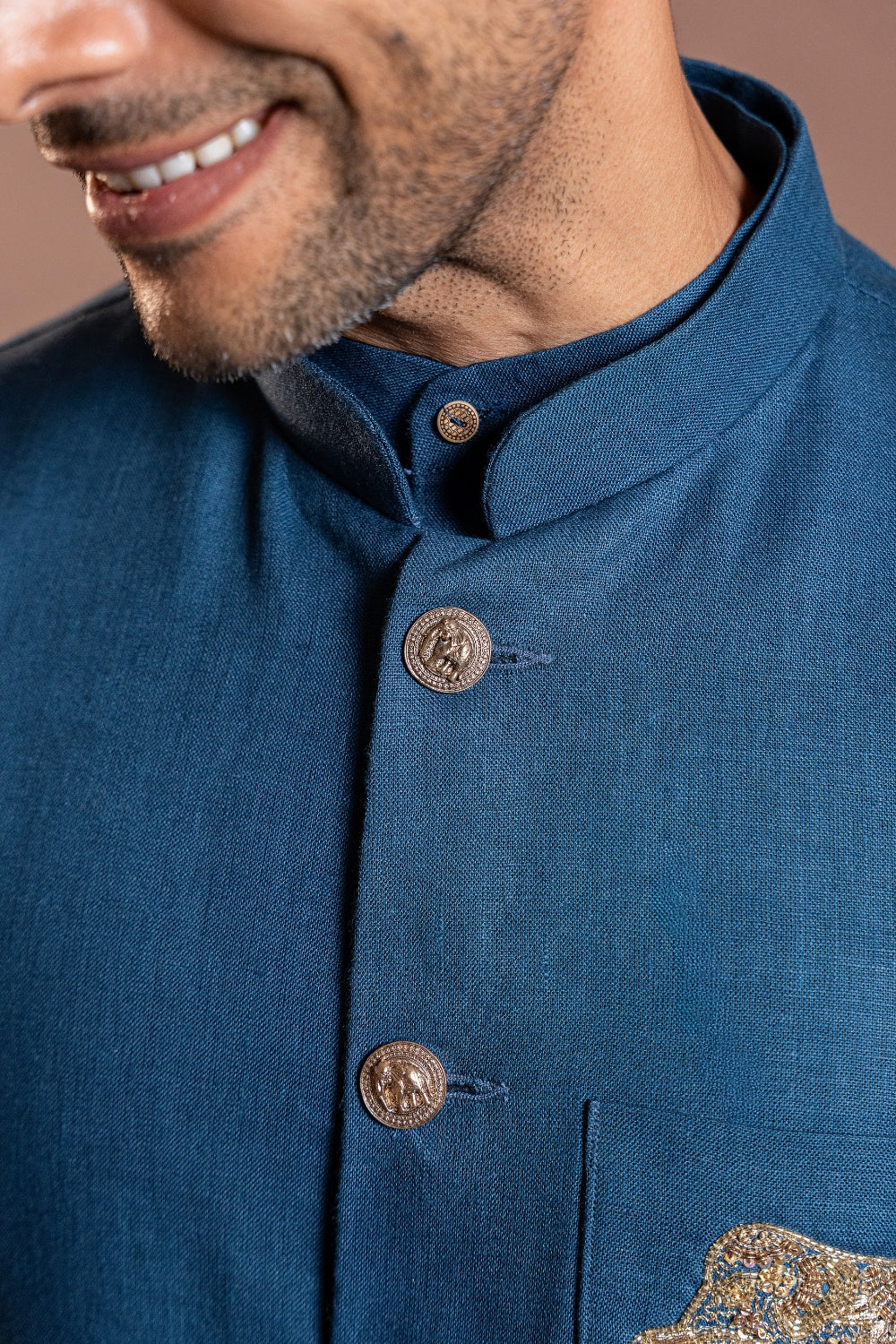 Dark Blue Linen Koti Set With Sequins And Zardosi Work