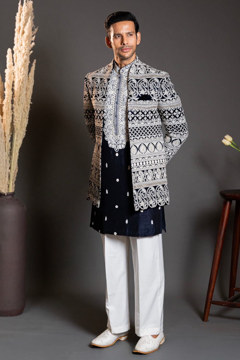 Dark Blue Silk Indo Western With Embroidery