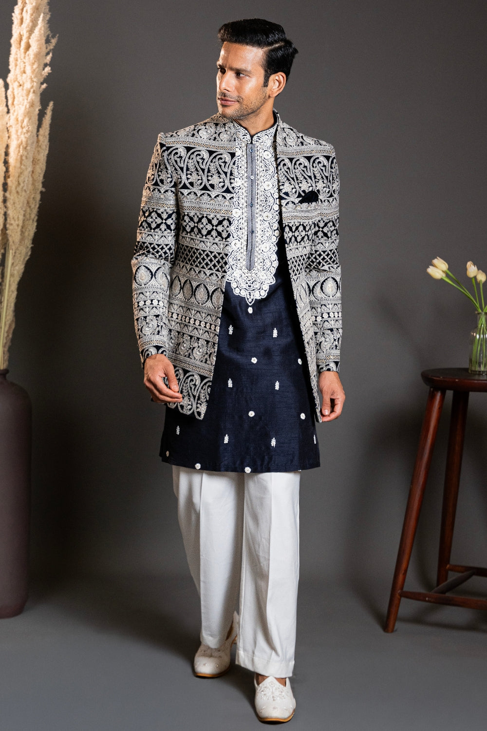 Dark Blue Silk Indo Western With Embroidery