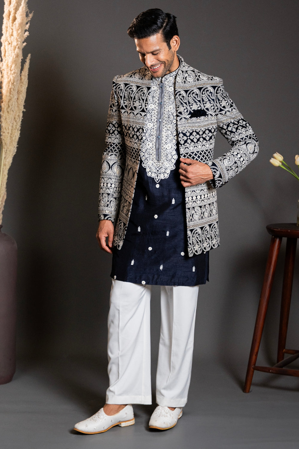 Dark Blue Silk Indo Western With Embroidery