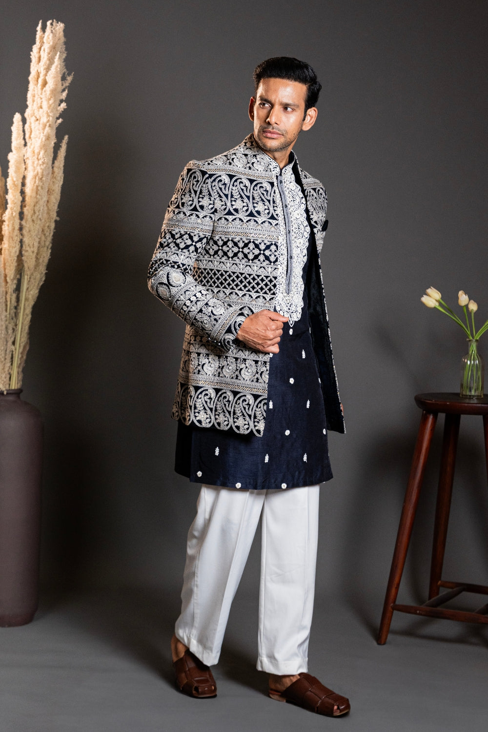 Dark Blue Silk Indo Western With Embroidery