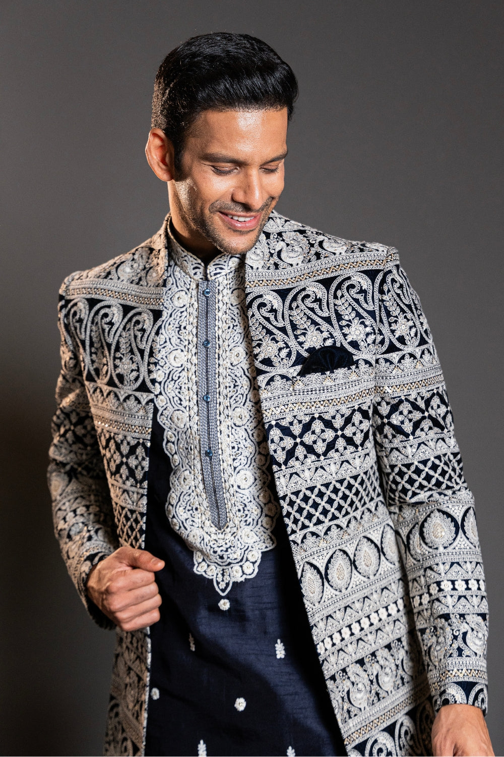 Dark Blue Silk Indo Western With Embroidery