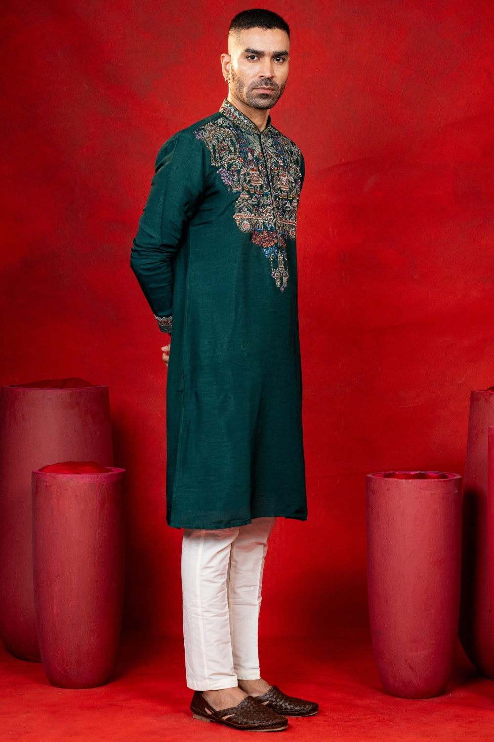 Dark Green Silk Kurta Set with Cutdana Embroidery