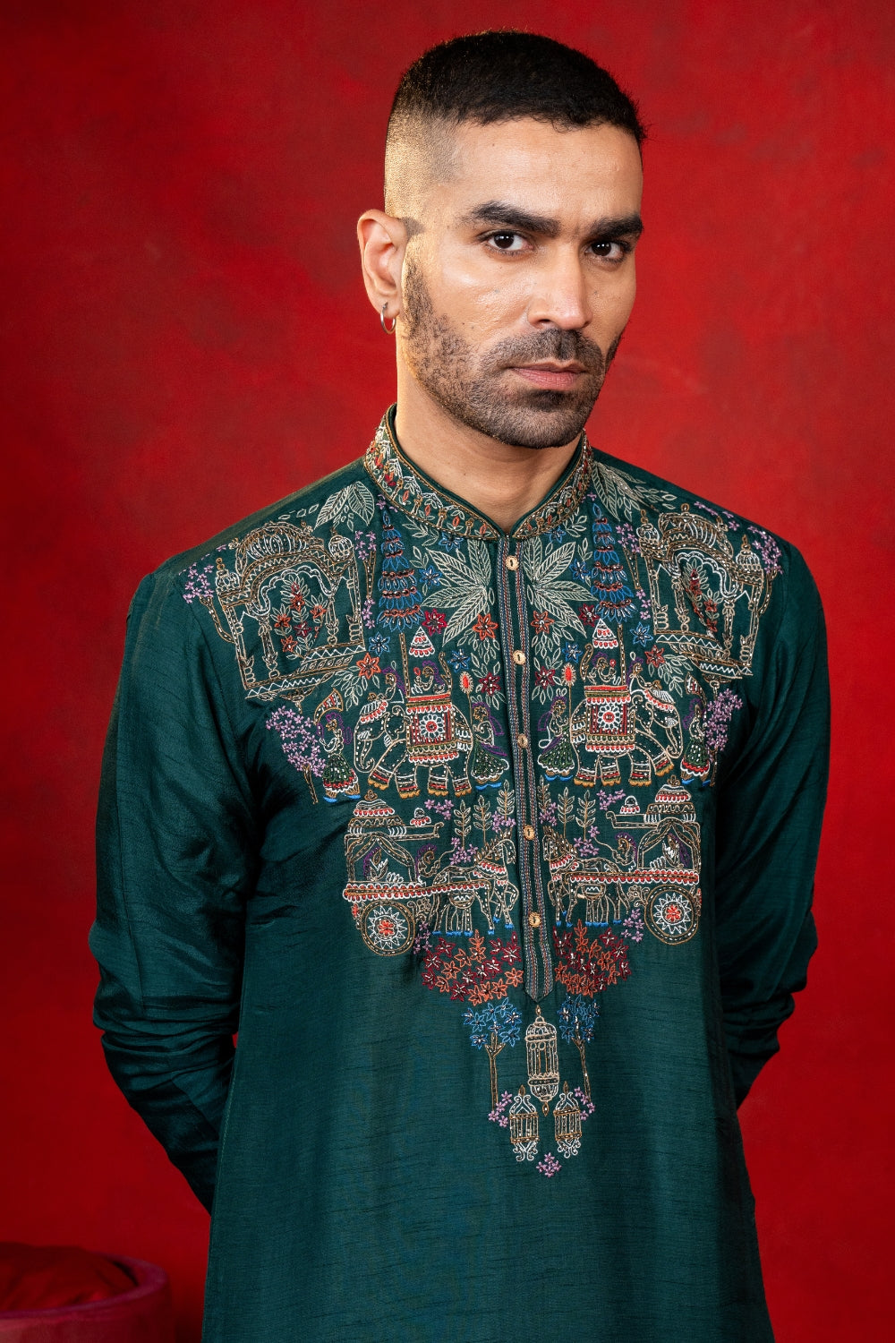Dark Green Silk Kurta Set with Cutdana Embroidery