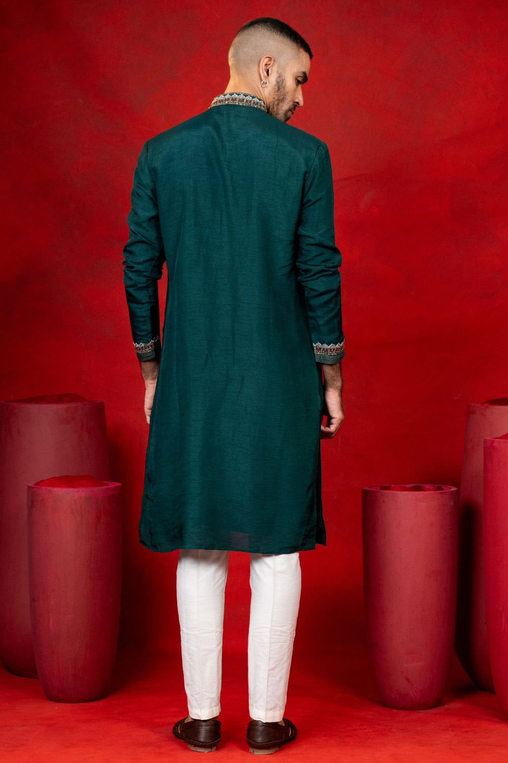 Dark Green Silk Kurta Set with Cutdana Embroidery