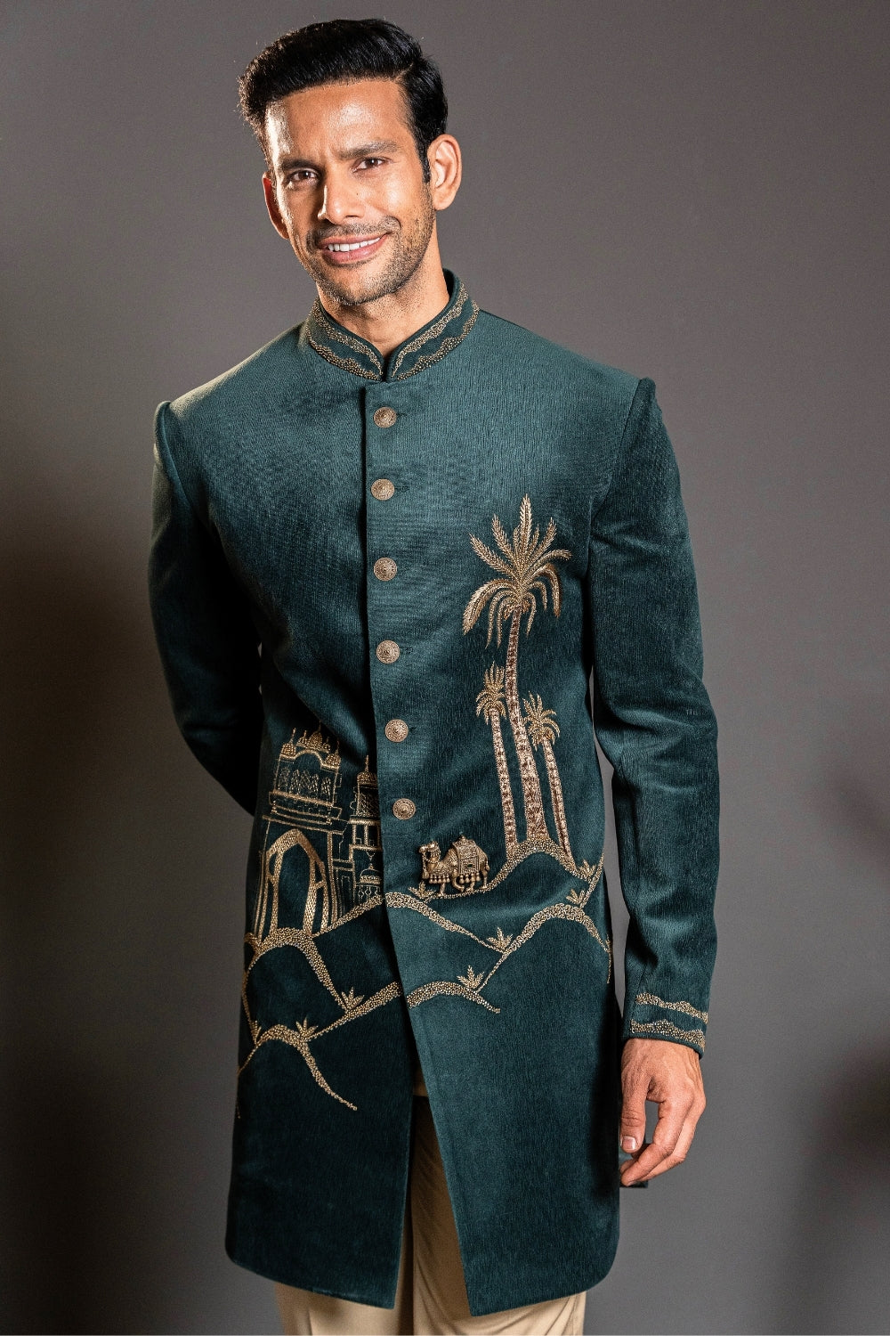 Dark Green Velvet Indo Western With Aari And Moti Work