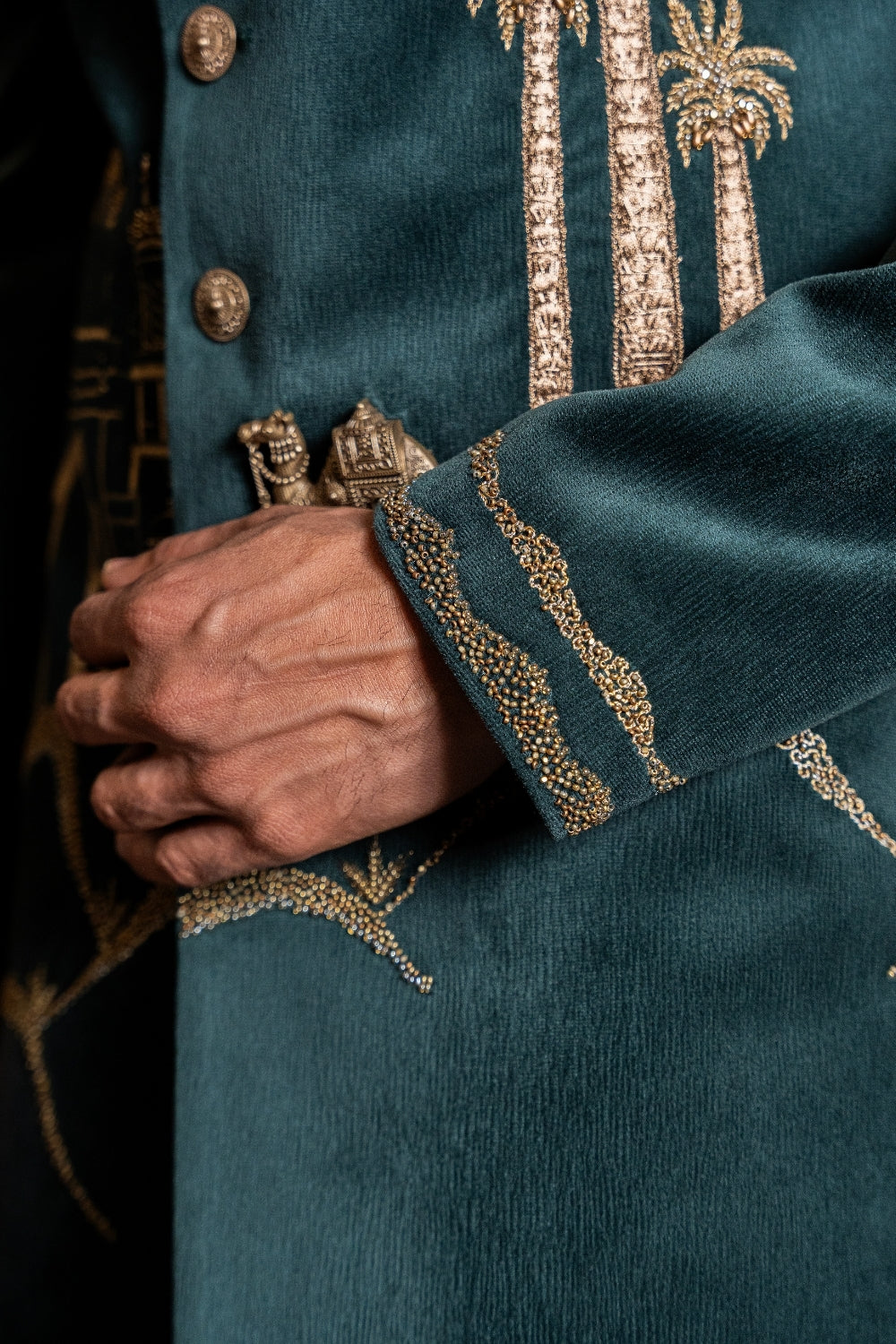 Dark Green Velvet Indo Western With Aari And Moti Work