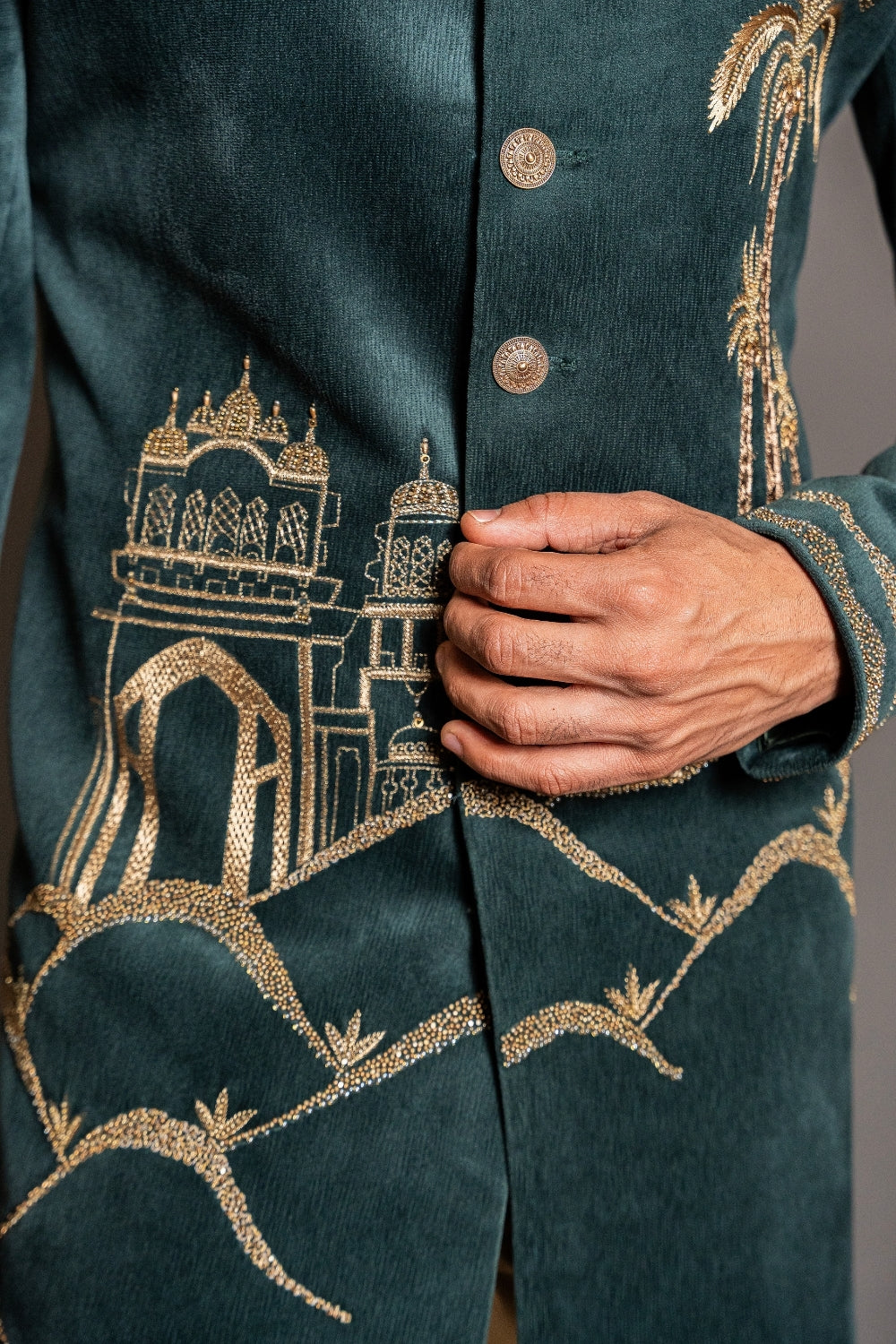 Dark Green Velvet Indo Western With Aari And Moti Work
