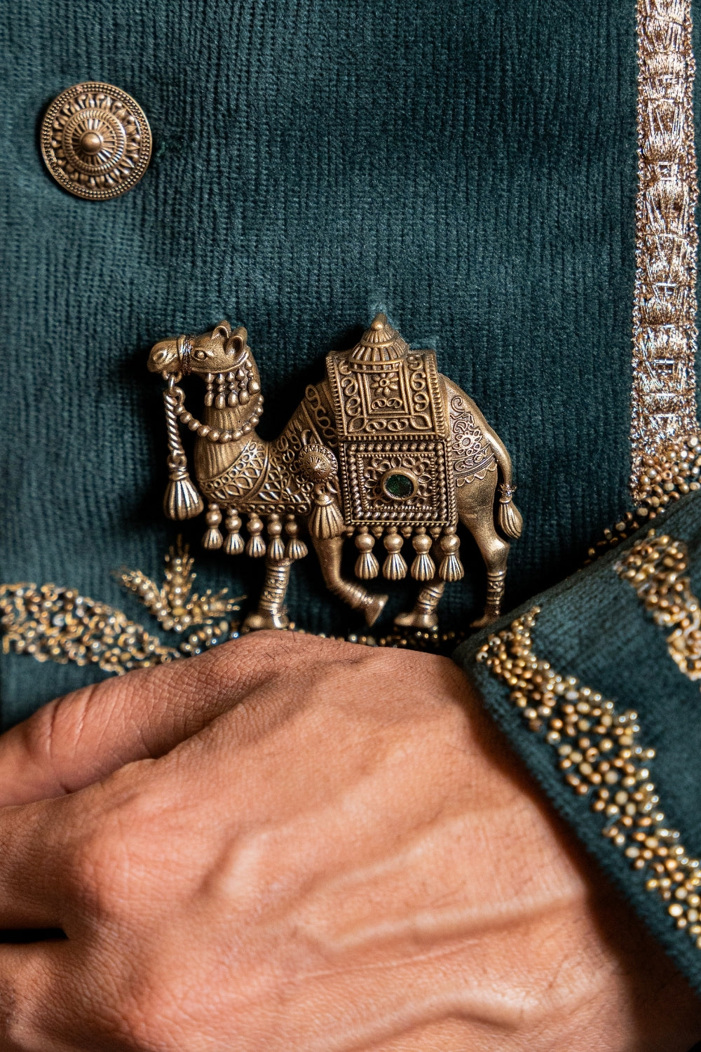 Dark Green Velvet Indo Western With Aari And Moti Work