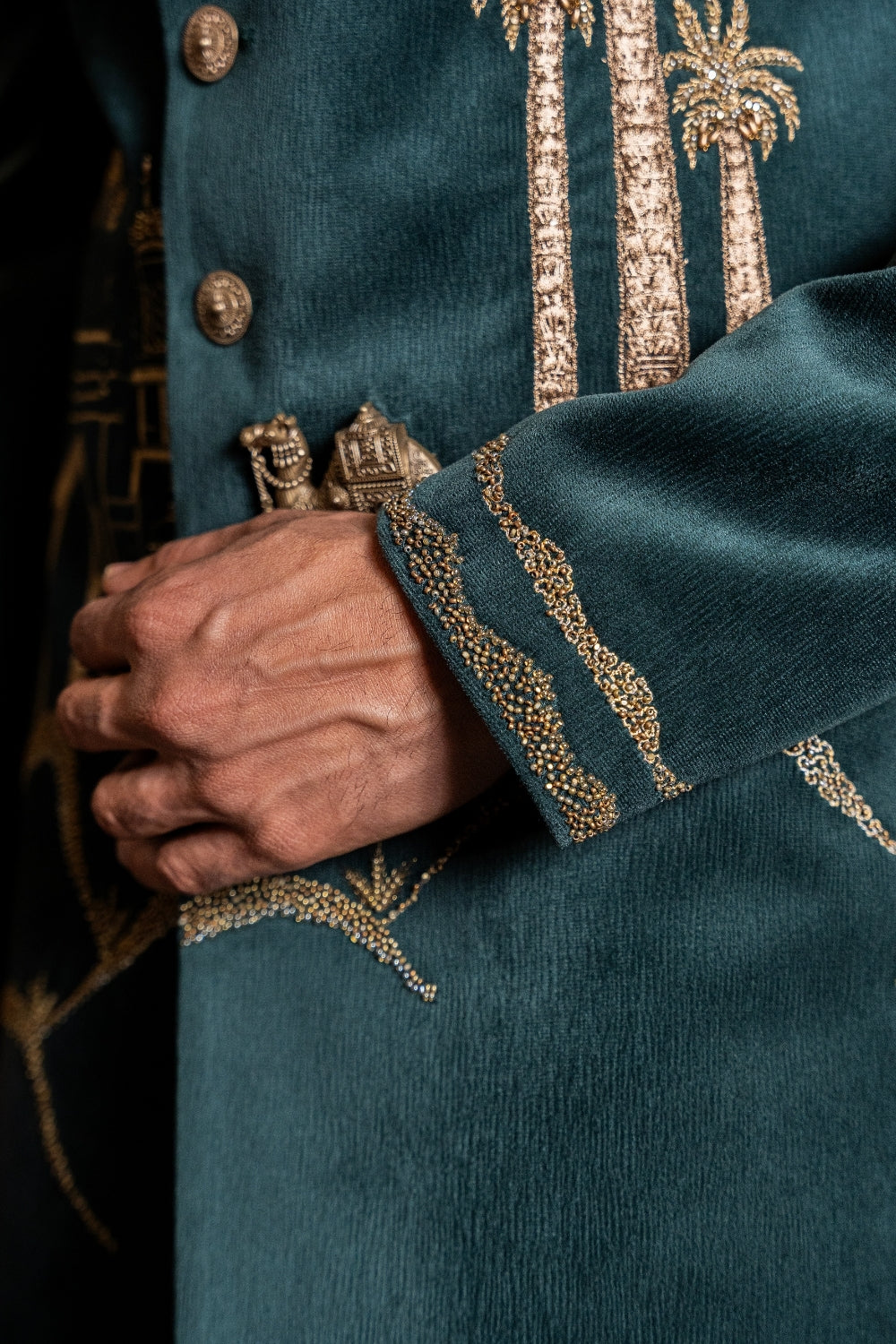 Dark Green Velvet Indo Western With Aari And Moti Work