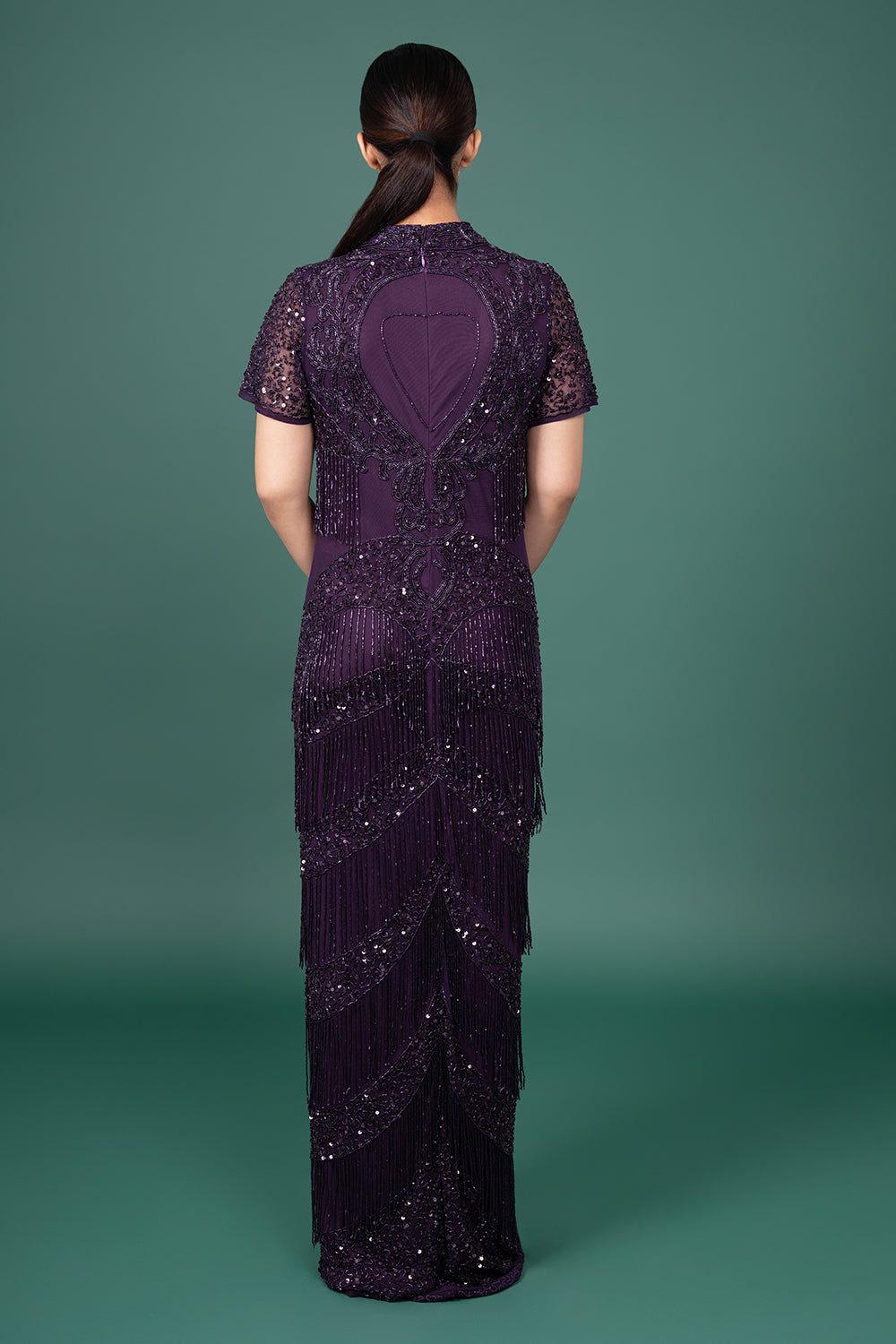 Dark Wine Halter-Neck Gown With Diagonally Placed Sequin And Bead Embellishments
