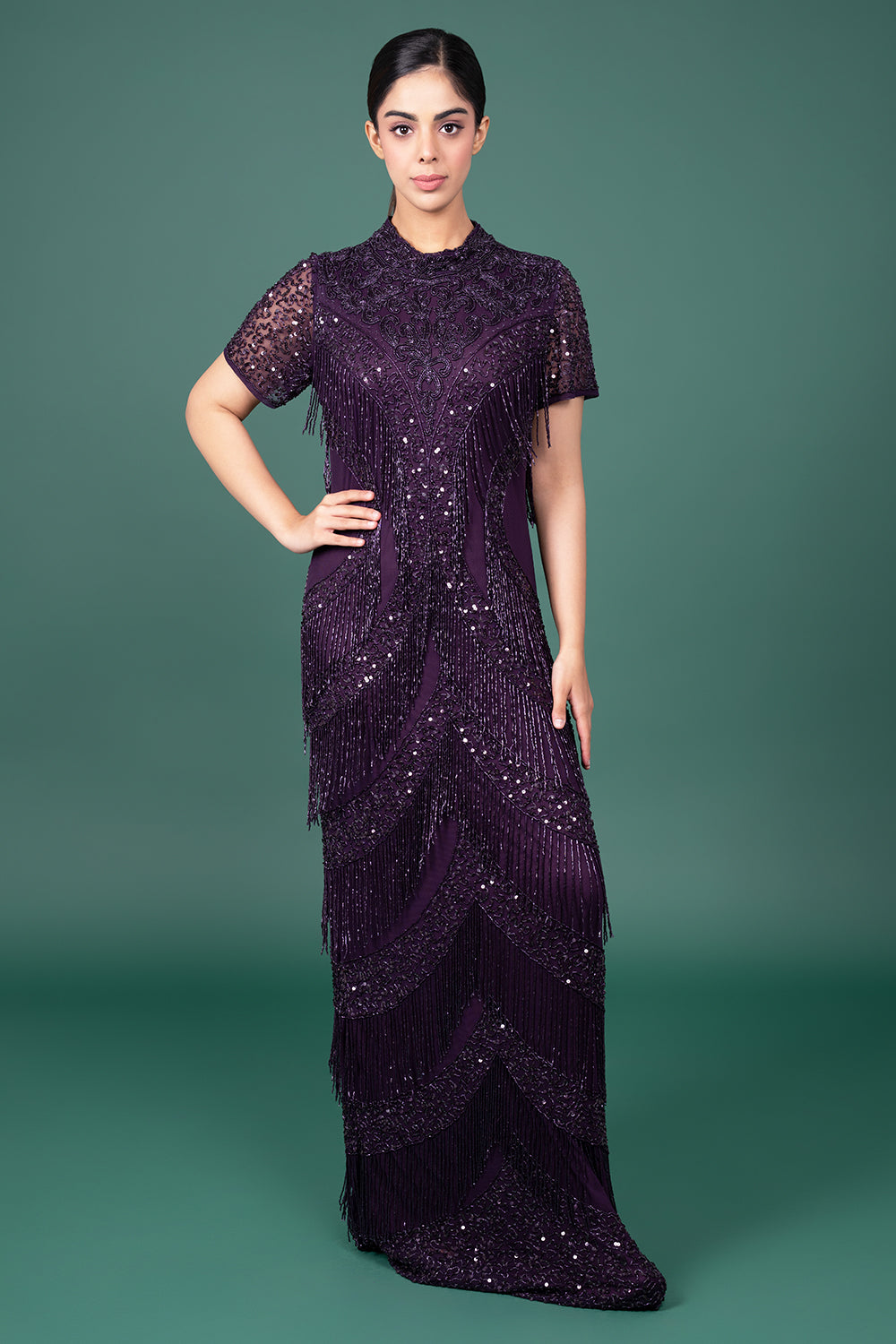 Dark Wine Halter-Neck Gown With Diagonally Placed Sequin And Bead Embellishments