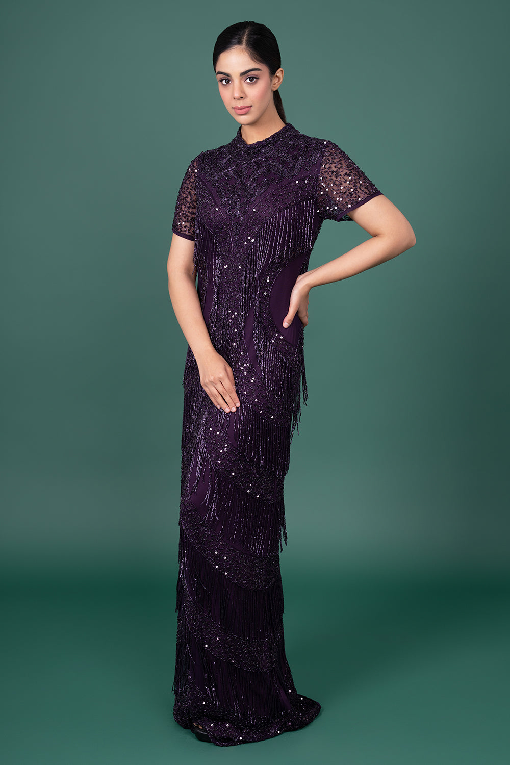 Dark Wine Halter-Neck Gown With Diagonally Placed Sequin And Bead Embellishments