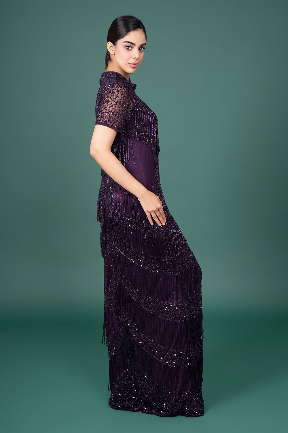Dark Wine Halter-Neck Gown With Diagonally Placed Sequin And Bead Embellishments