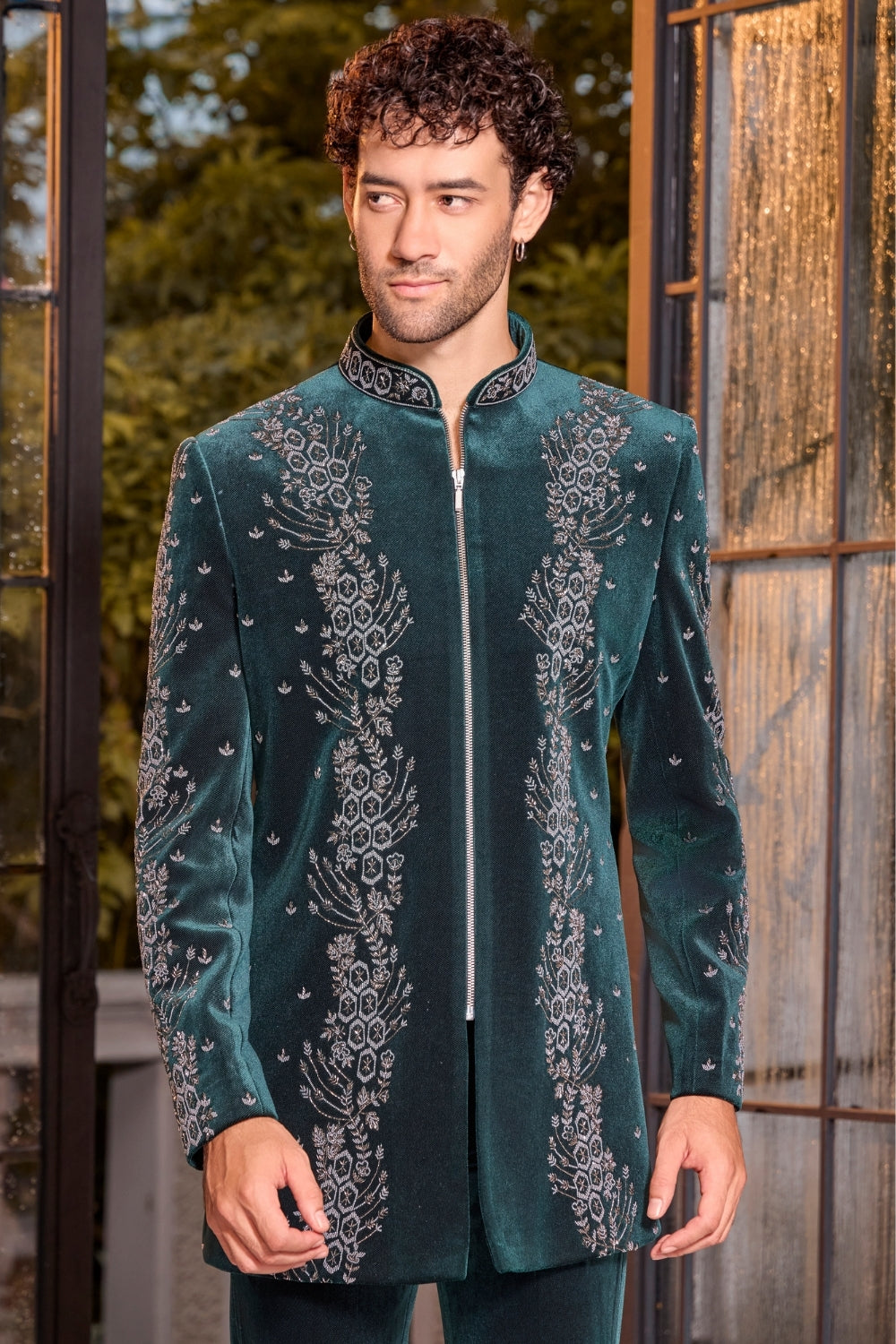 Green Velvet Indo-Western Set with Mirror Work