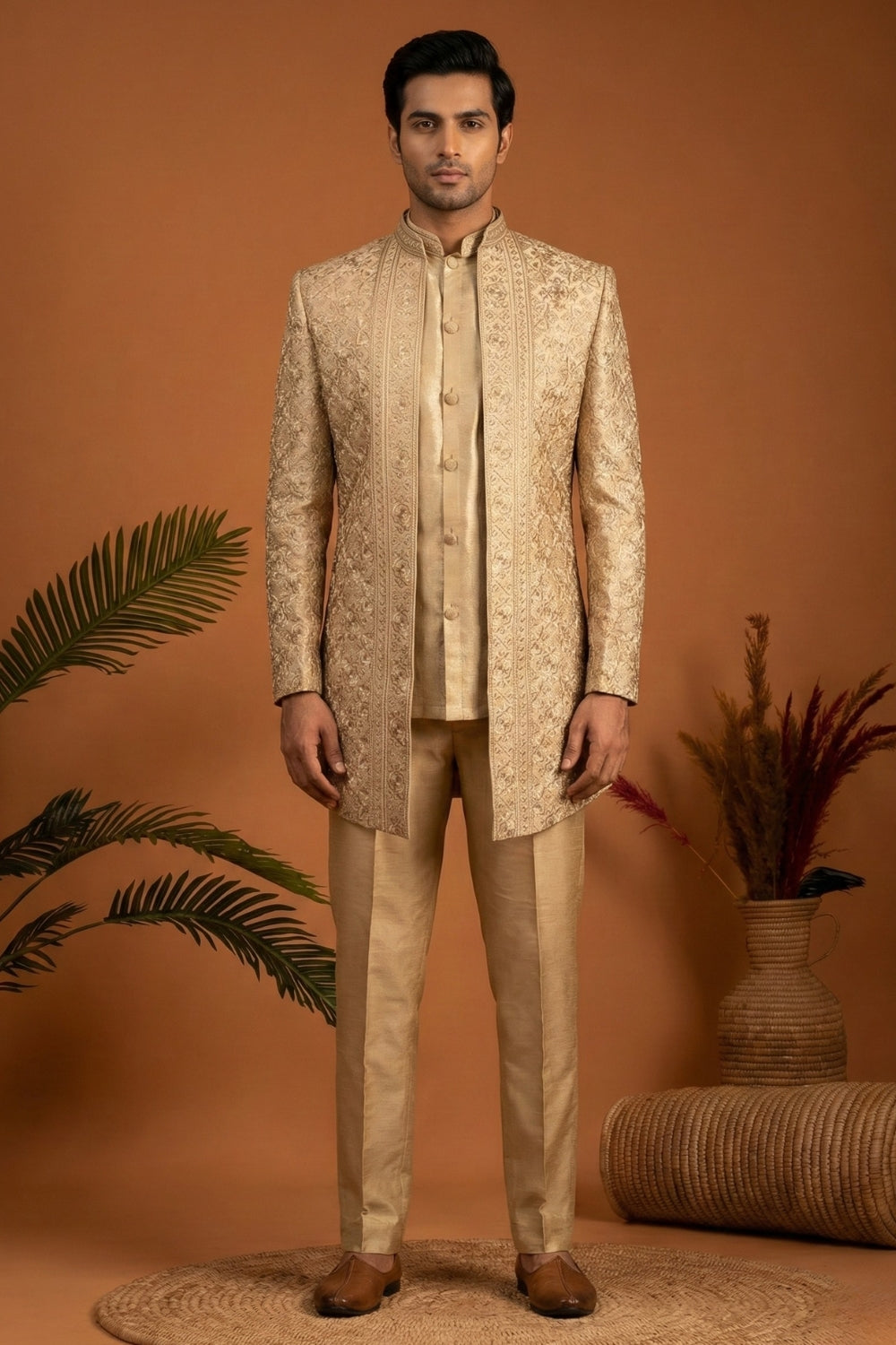 Golden Tissue Indo Western With Cutdana And Moti Work