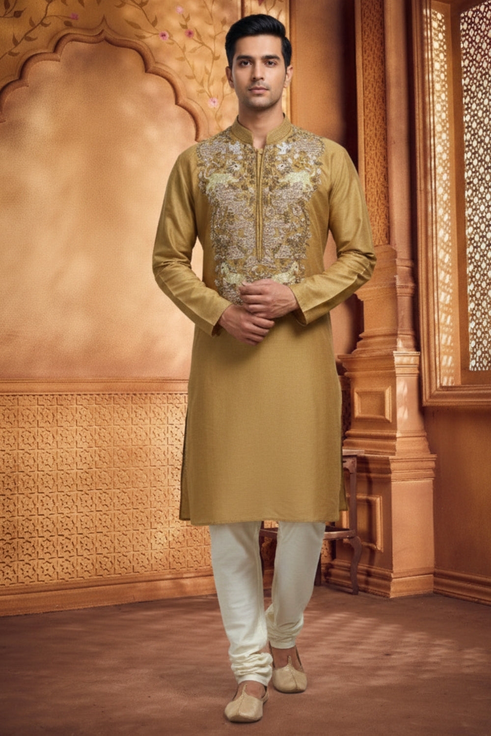 Golden Tissue Silk Kurta Set With Zardosi And Moti Work