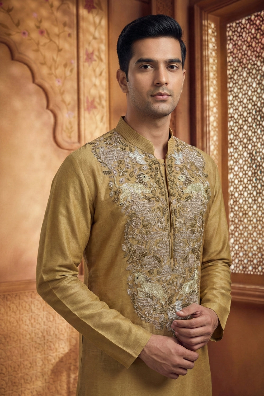 Golden Tissue Silk Kurta Set With Zardosi And Moti Work