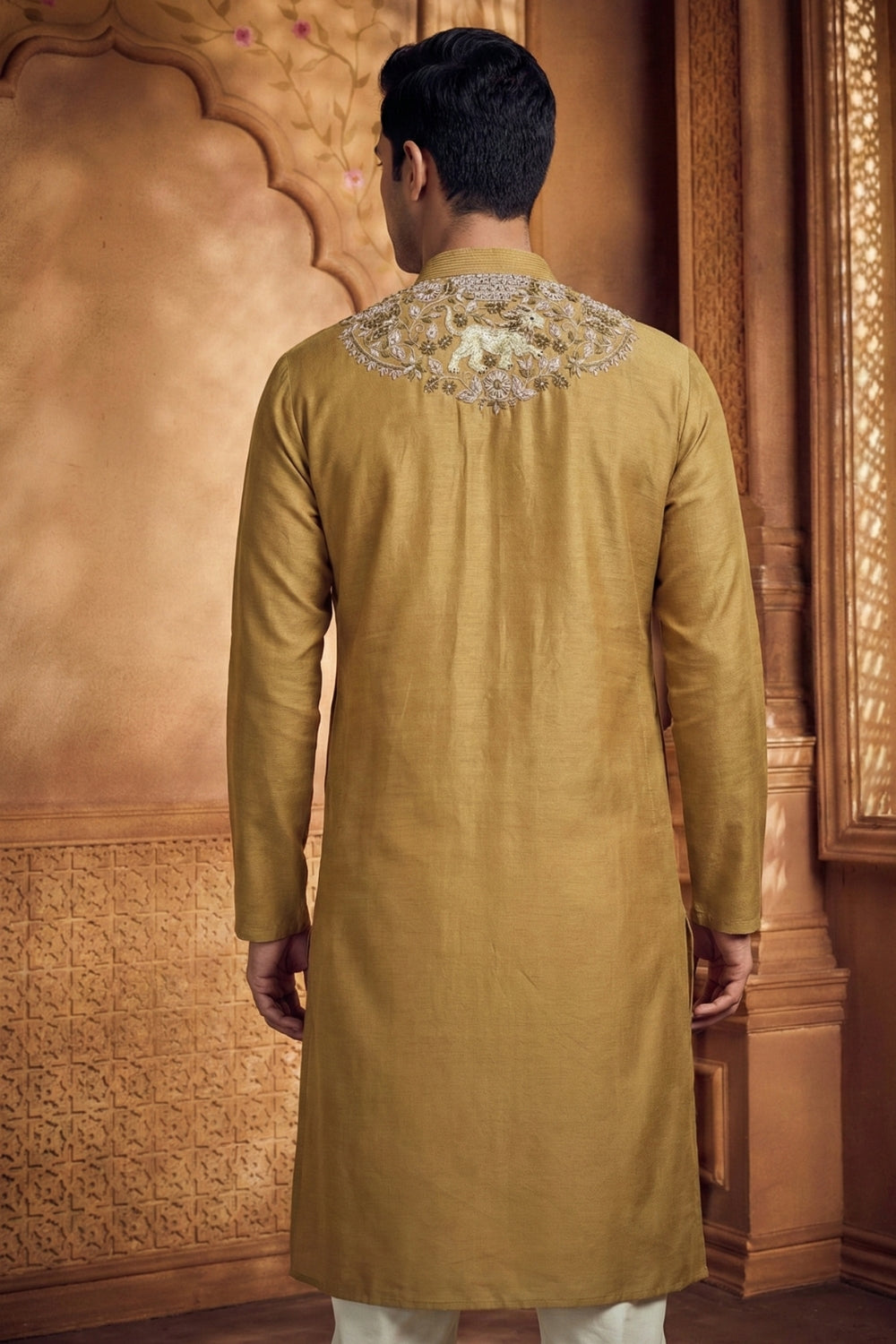 Golden Tissue Silk Kurta Set With Zardosi And Moti Work
