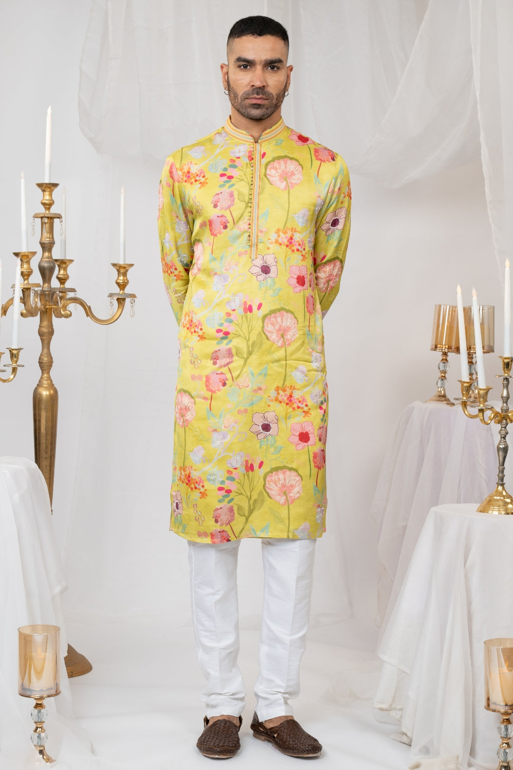 Green Crepe Silk Printed Kurta Set With Moti And Sequins Work