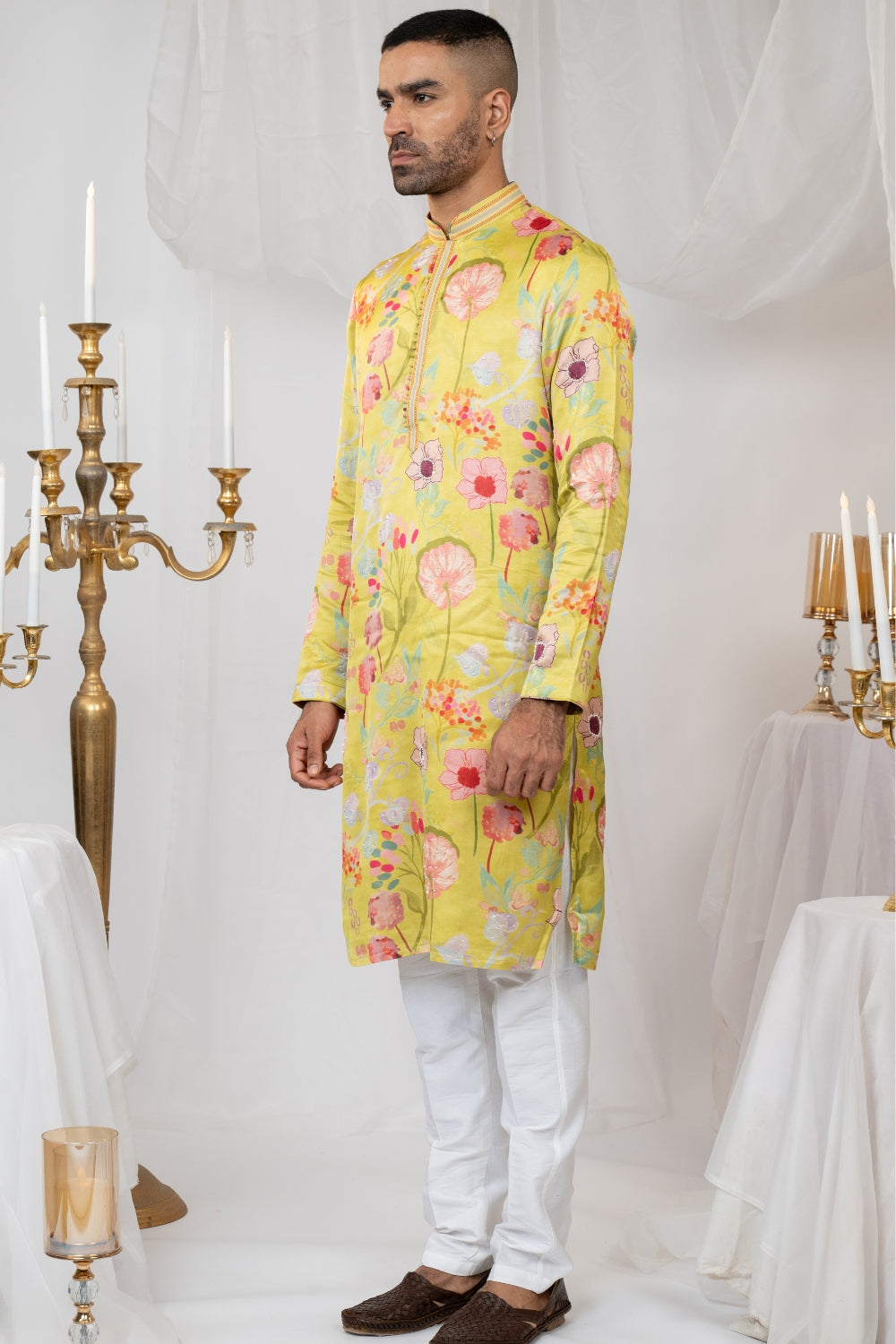 Green Crepe Silk Printed Kurta Set With Moti And Sequins Work