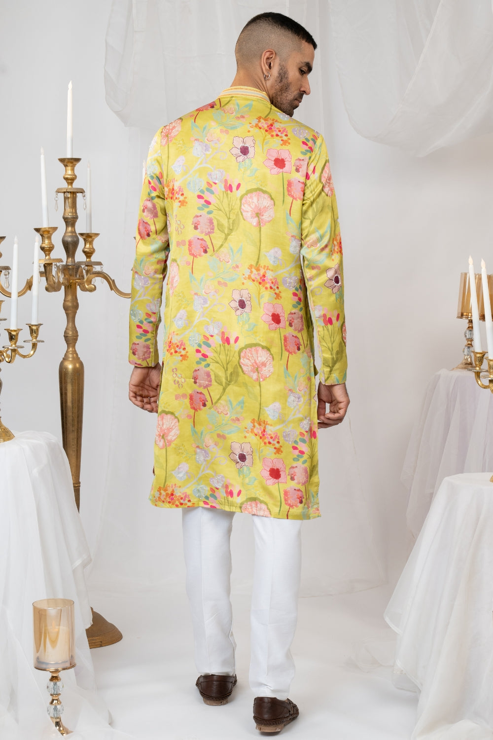 Green Crepe Silk Printed Kurta Set With Moti And Sequins Work