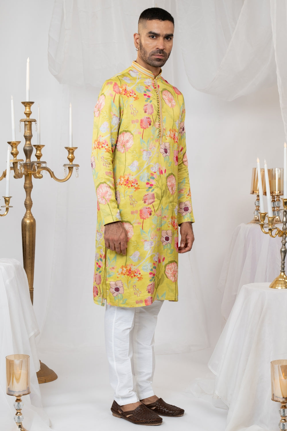 Green Crepe Silk Printed Kurta Set With Moti And Sequins Work