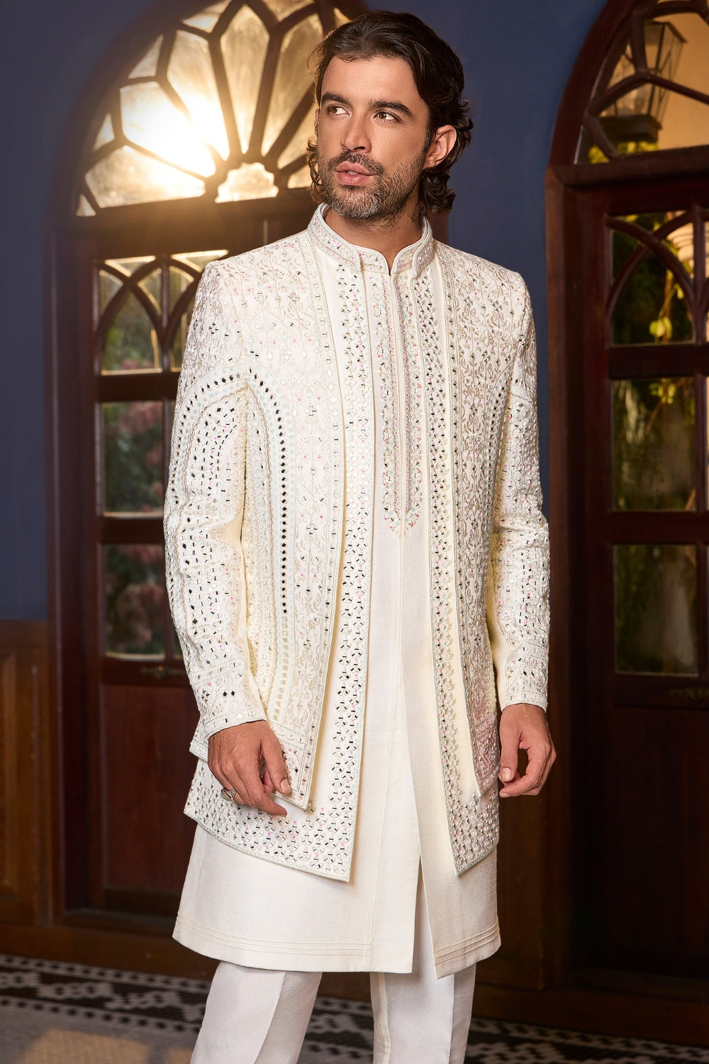 Ivory Silk Indo-Western Set with Mirror Work
