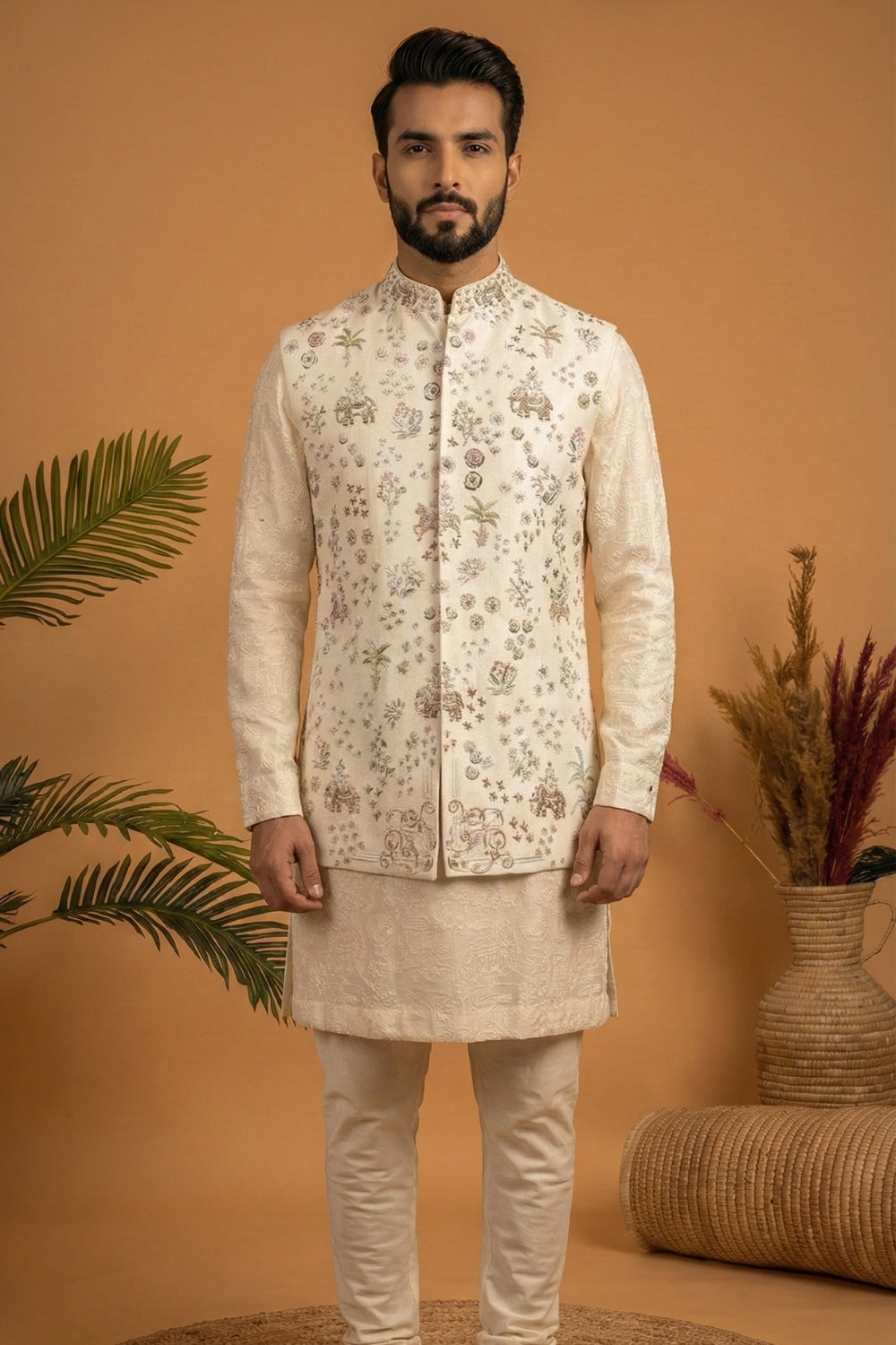 Ivory Georgette Kurta And Koti Set With Cutdana And Moti Work