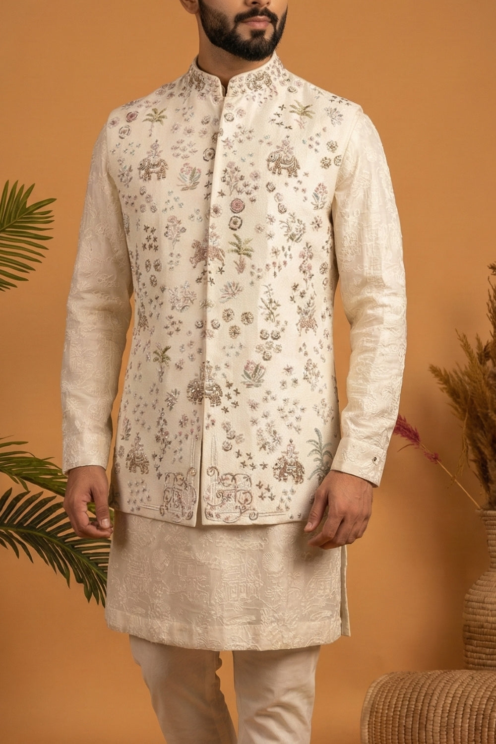 Ivory Georgette Kurta And Koti Set With Cutdana And Moti Work
