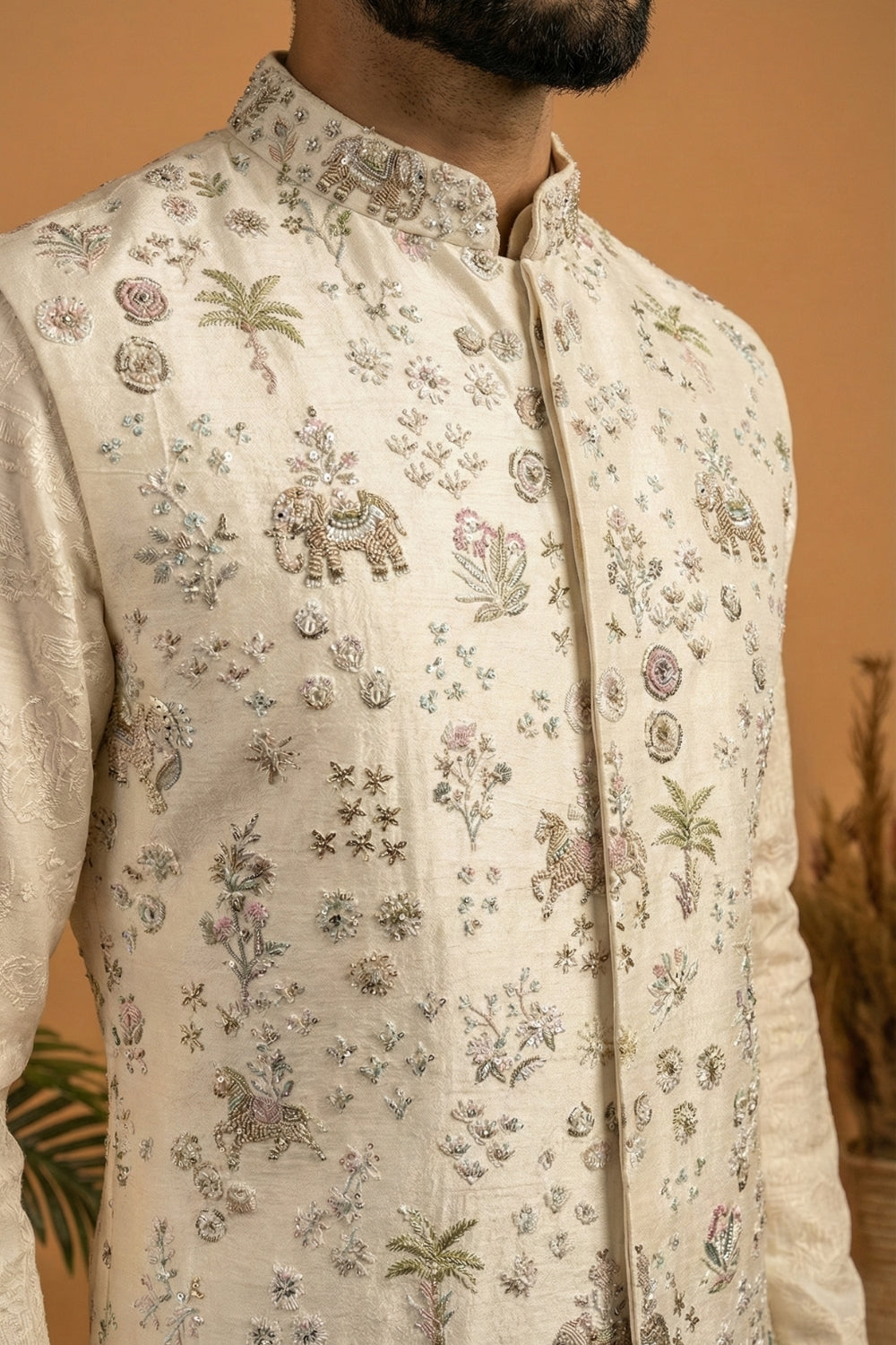 Ivory Georgette Kurta And Koti Set With Cutdana And Moti Work