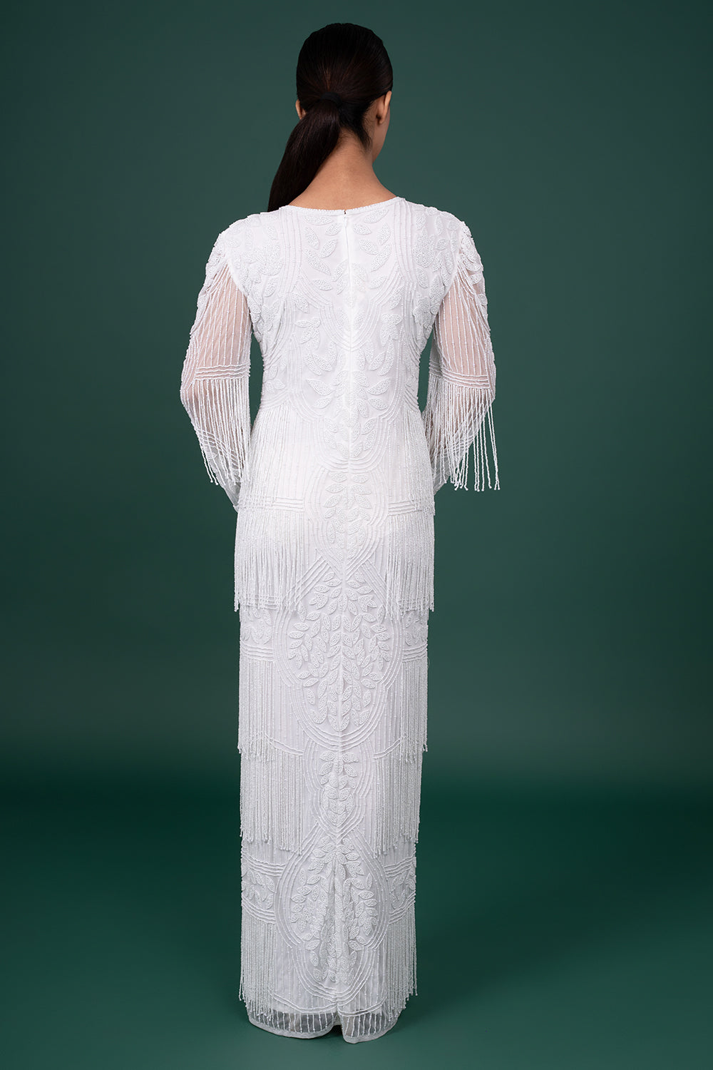 Ivory Leaf-Motif Sequin And Bead-Work Georgette Fringe Gown